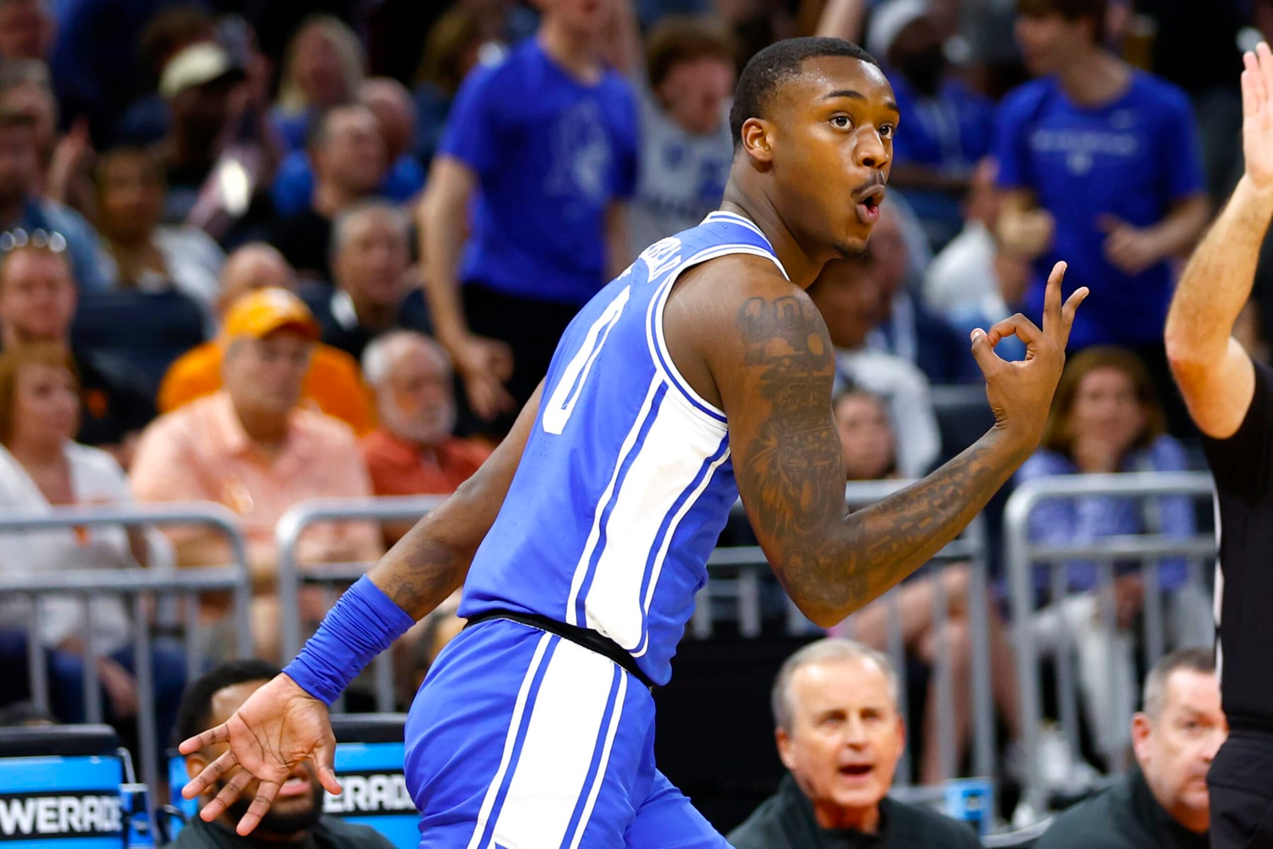 ORLANDO, FLORIDA - MARCH 18: Dariq Whitehead #0 of the Duke Blue Devils celebrates after making a three point basket against the Tennessee Volunteers during the first half in the second round of the NCAA Men's Basketball Tournament at Amway Center on March 18, 2023 in Orlando, Florida. (Photo by Kevin Sabitus/Getty Images)