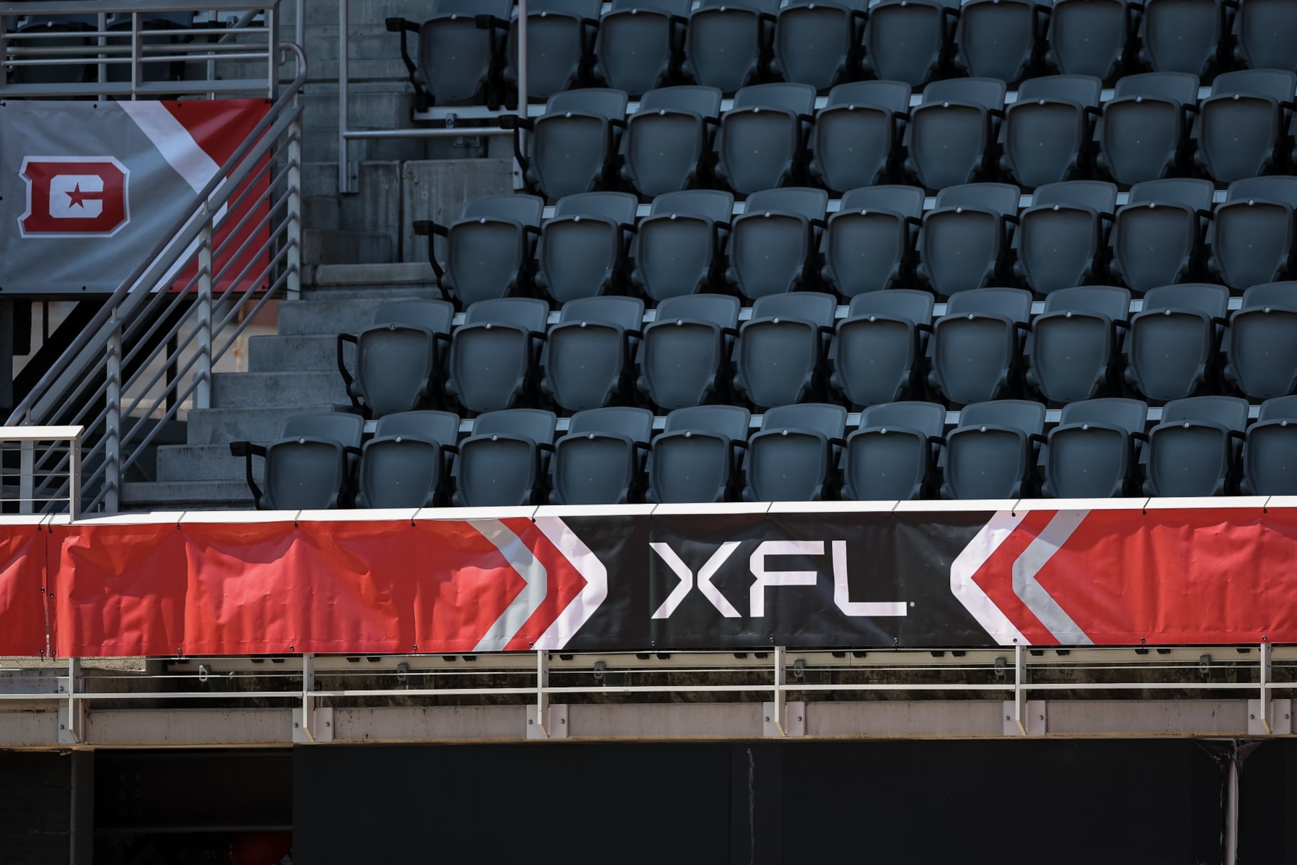 WASHINGTON, DC - MARCH 05: A general view of the XFL logo near an empty section of seats before the game between the DC Defenders and the St Louis Battlehawks at Audi Field on March 5, 2023 in Washington, DC. (Photo by Scott Taetsch/Getty Images)
