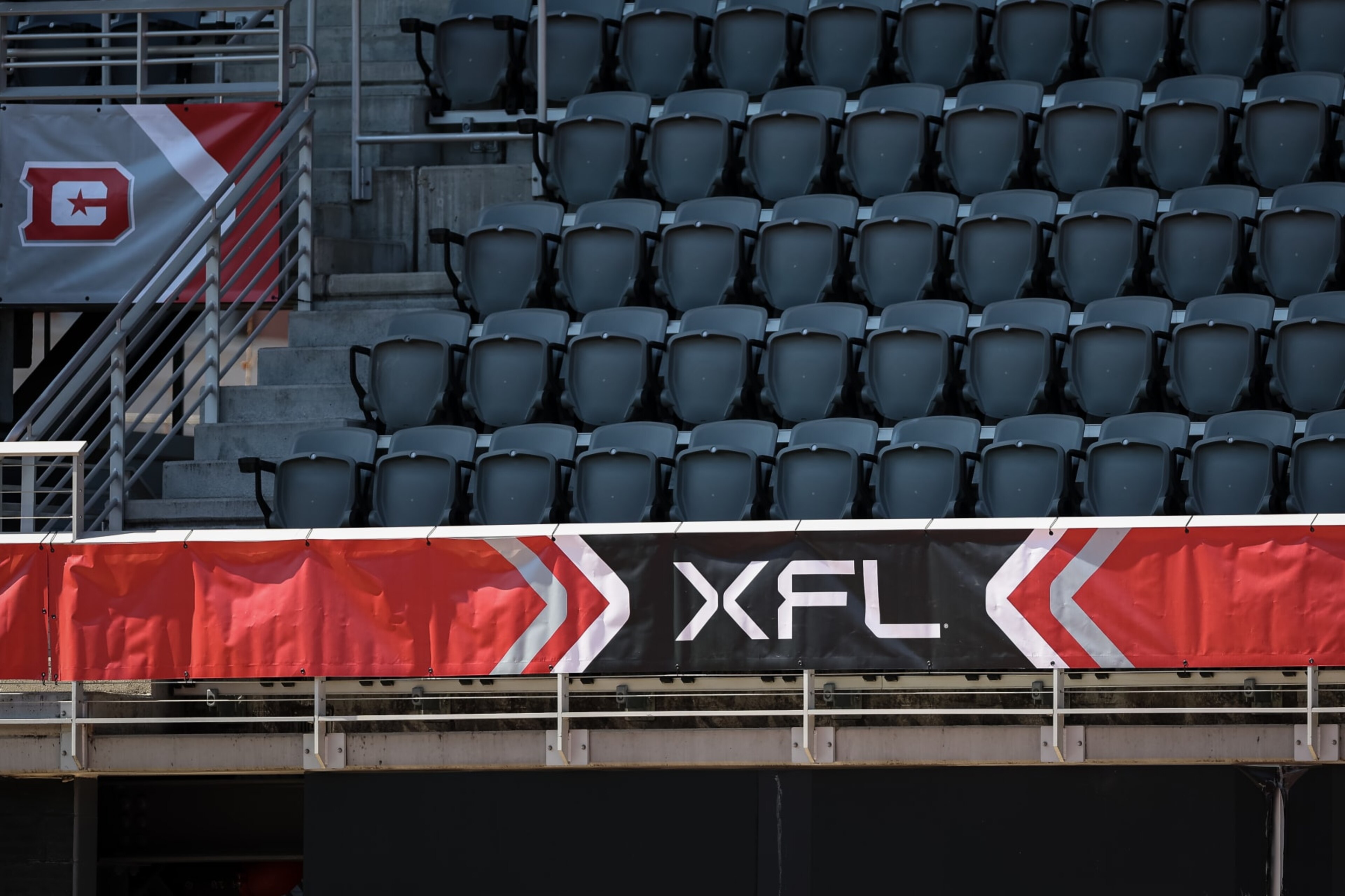 WASHINGTON, DC - MARCH 05: A general view of the XFL logo near an empty section of seats before the game between the DC Defenders and the St Louis Battlehawks at Audi Field on March 5, 2023 in Washington, DC. (Photo by Scott Taetsch/Getty Images) WASHINGTON, DC - MARCH 05: A general view of the XFL logo near an empty section of seats before the game between the DC Defenders and the St Louis Battlehawks at Audi Field on March 5, 2023 in Washington, DC. (Photo by Scott Taetsch/Getty Images)
