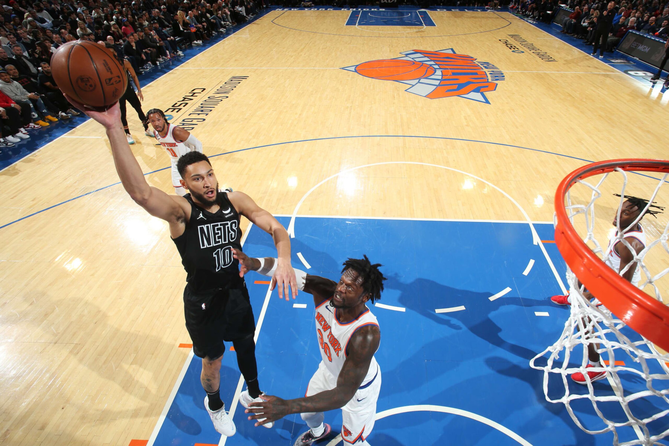 NEW YORK, NY - FEBRUARY 13: Ben Simmons #10 of the Brooklyn Nets shoots the ball during the game against the New York Knicks on February 13, 2023 at Madison Square Garden in New York City, New York.  NOTE TO USER: User expressly acknowledges and agrees that, by downloading and or using this photograph, User is consenting to the terms and conditions of the Getty Images License Agreement. Mandatory Copyright Notice: Copyright 2023 NBAE  (Photo by Nathaniel S. Butler/NBAE via Getty Images)