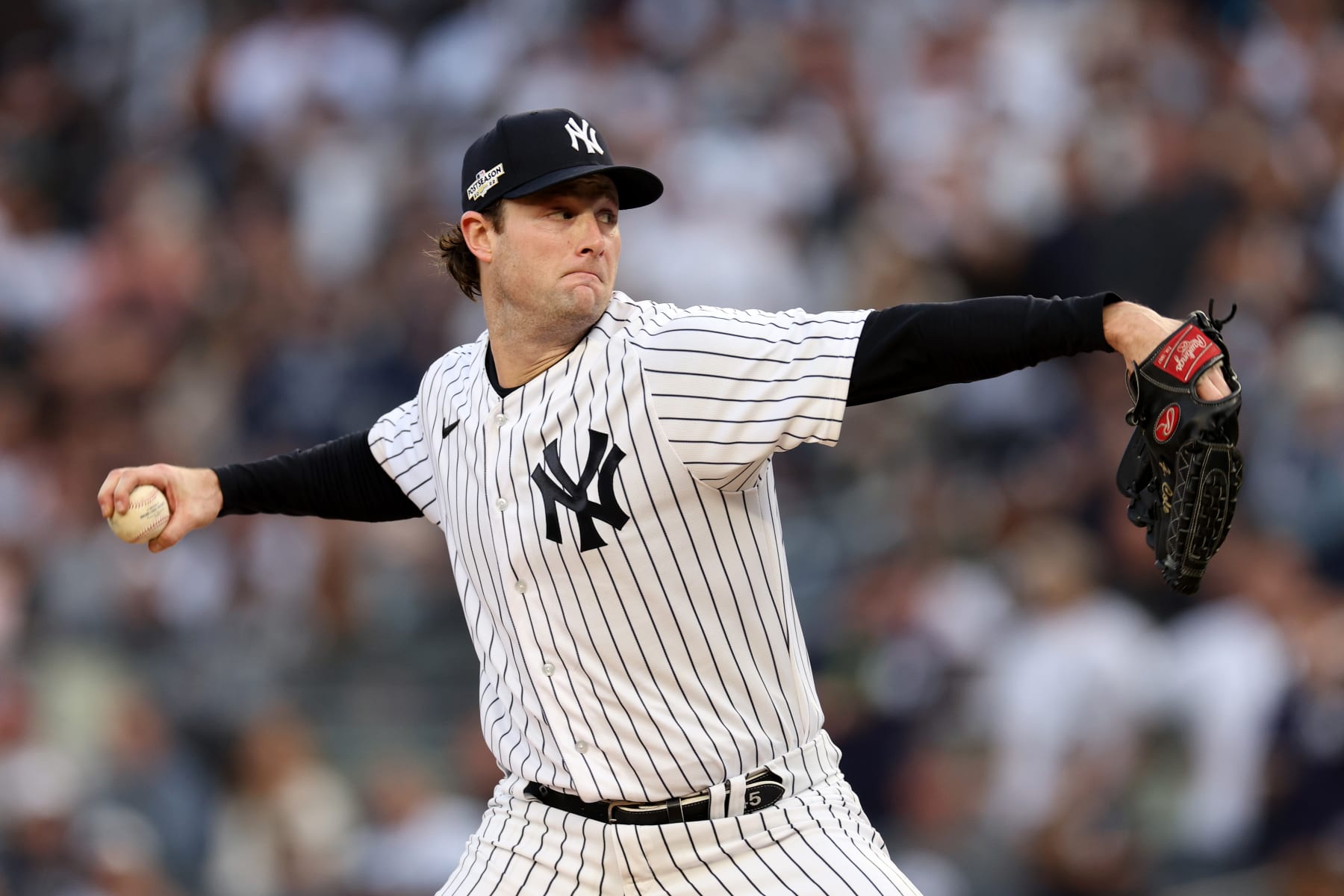 NEW YORK, NEW YORK - OCTOBER 22: Gerrit Cole #45 of the New York Yankees pitches against the Houston Astros during the first inning in game three of the American League Championship Series at Yankee Stadium on October 22, 2022 in New York City. (Photo by Jamie Squire/Getty Images)