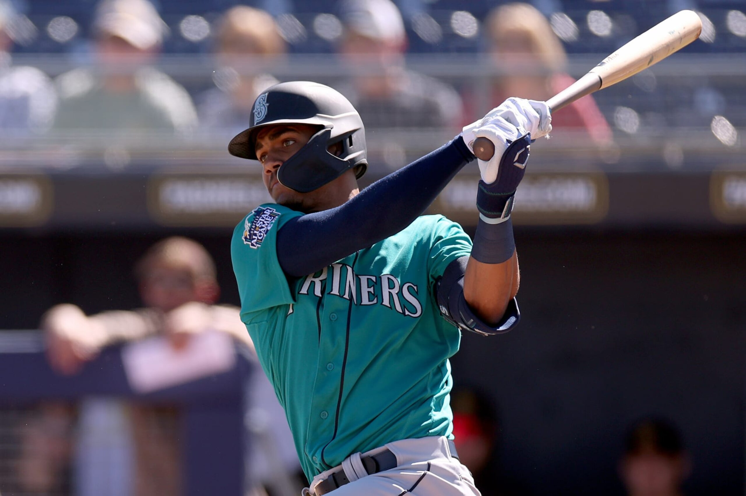 PEORIA, ARIZONA - FEBRUARY 24: Julio Rodriguez #44 of the Seattle Mariners at bat against the San Diego Padres in a spring training game at Peoria Stadium on February 24, 2023 in Peoria, Arizona. (Photo by Steph Chambers/Getty Images)