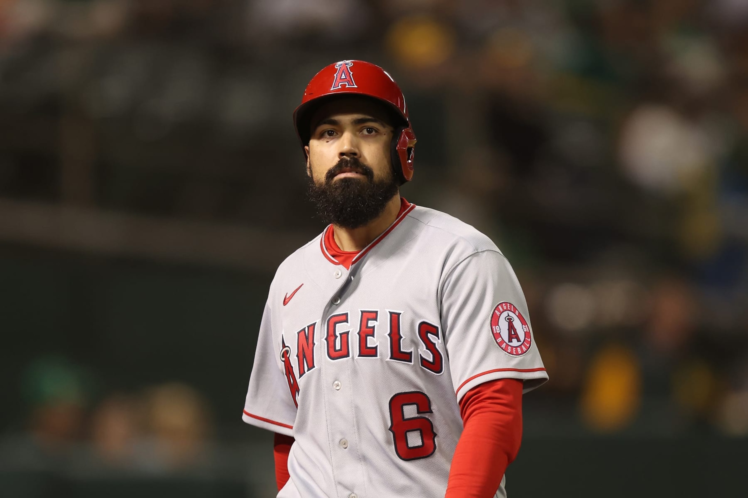 OAKLAND, CALIFORNIA - OCTOBER 04: Anthony Rendon #6 of the Los Angeles Angels looks on during the game against the Oakland Athletics at RingCentral Coliseum on October 04, 2022 in Oakland, California. (Photo by Lachlan Cunningham/Getty Images)