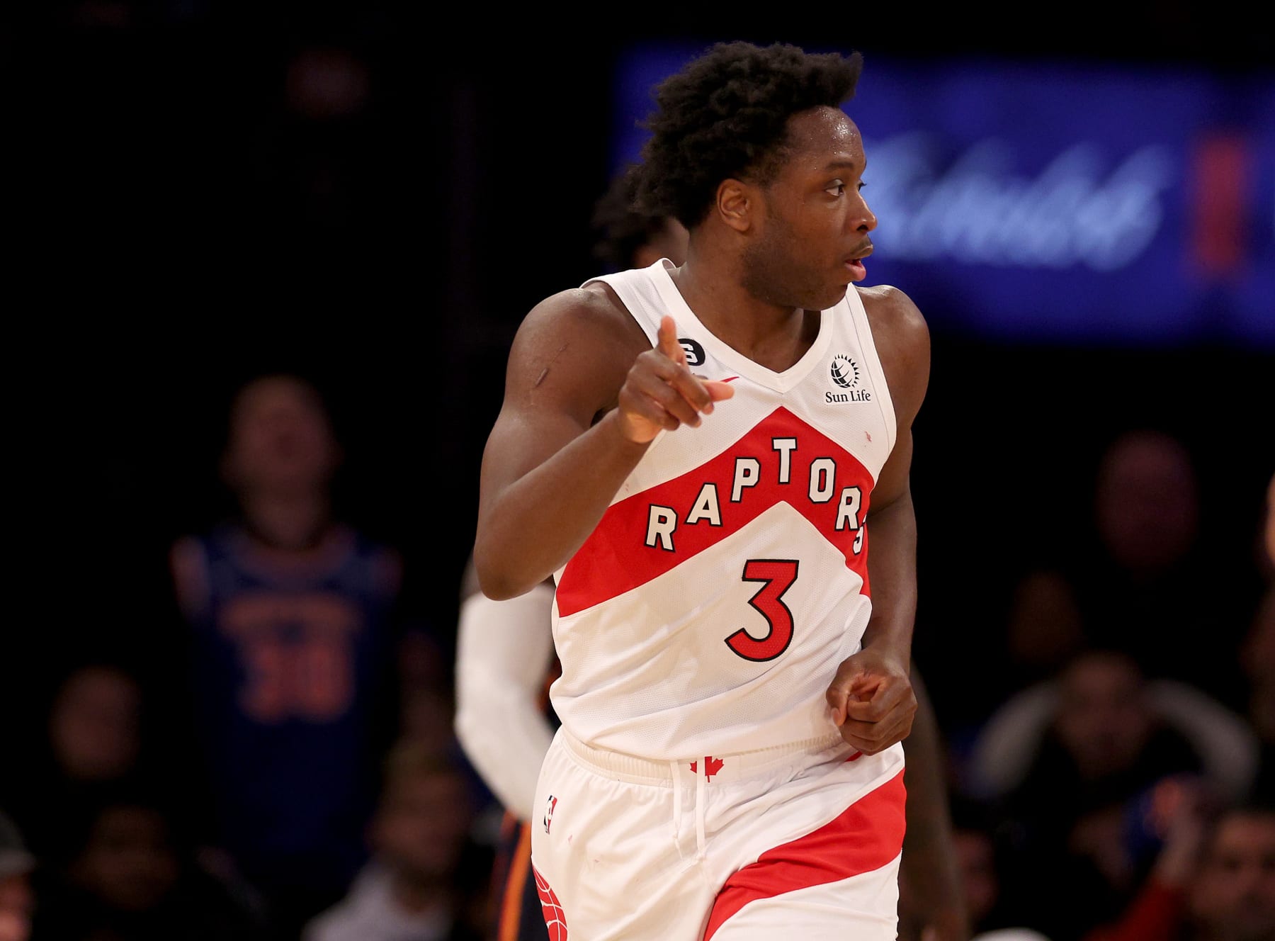 NEW YORK, NEW YORK - JANUARY 16: O.G. Anunoby #3 of the Toronto Raptors celebrates his shot during the second half against the New York Knicks at Madison Square Garden on January 16, 2023 in New York City. The Toronto Raptors defeated the New York Knicks 123-121 in overtime. NOTE TO USER: User expressly acknowledges and agrees that, by downloading and or using this photograph, User is consenting to the terms and conditions of the Getty Images License Agreement. (Photo by Elsa/Getty Images)