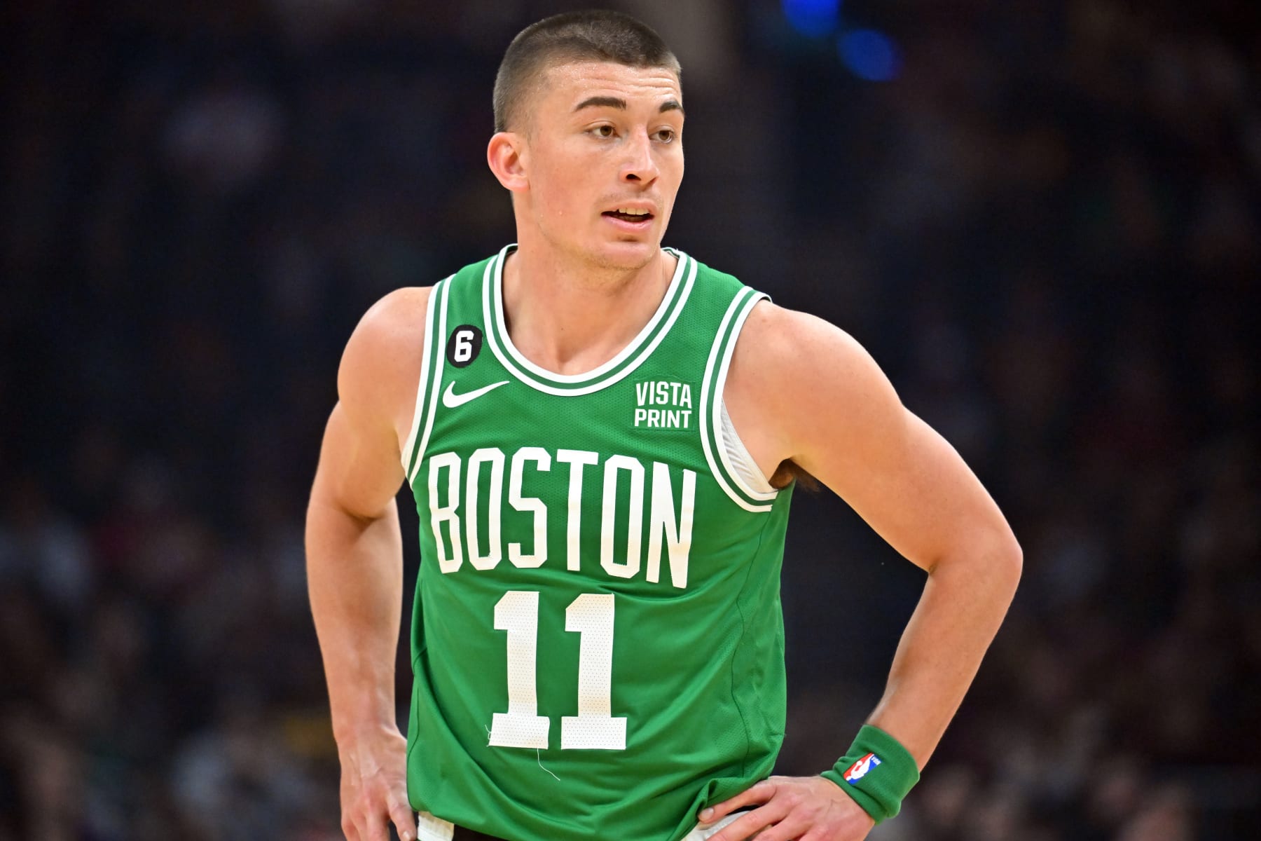 CLEVELAND, OHIO - MARCH 06: Payton Pritchard #11 of the Boston Celtics reacts during the second quarter against the Cleveland Cavaliers at Rocket Mortgage Fieldhouse on March 06, 2023 in Cleveland, Ohio. NOTE TO USER: User expressly acknowledges and agrees that, by downloading and or using this photograph, User is consenting to the terms and conditions of the Getty Images License Agreement. (Photo by Jason Miller/Getty Images)