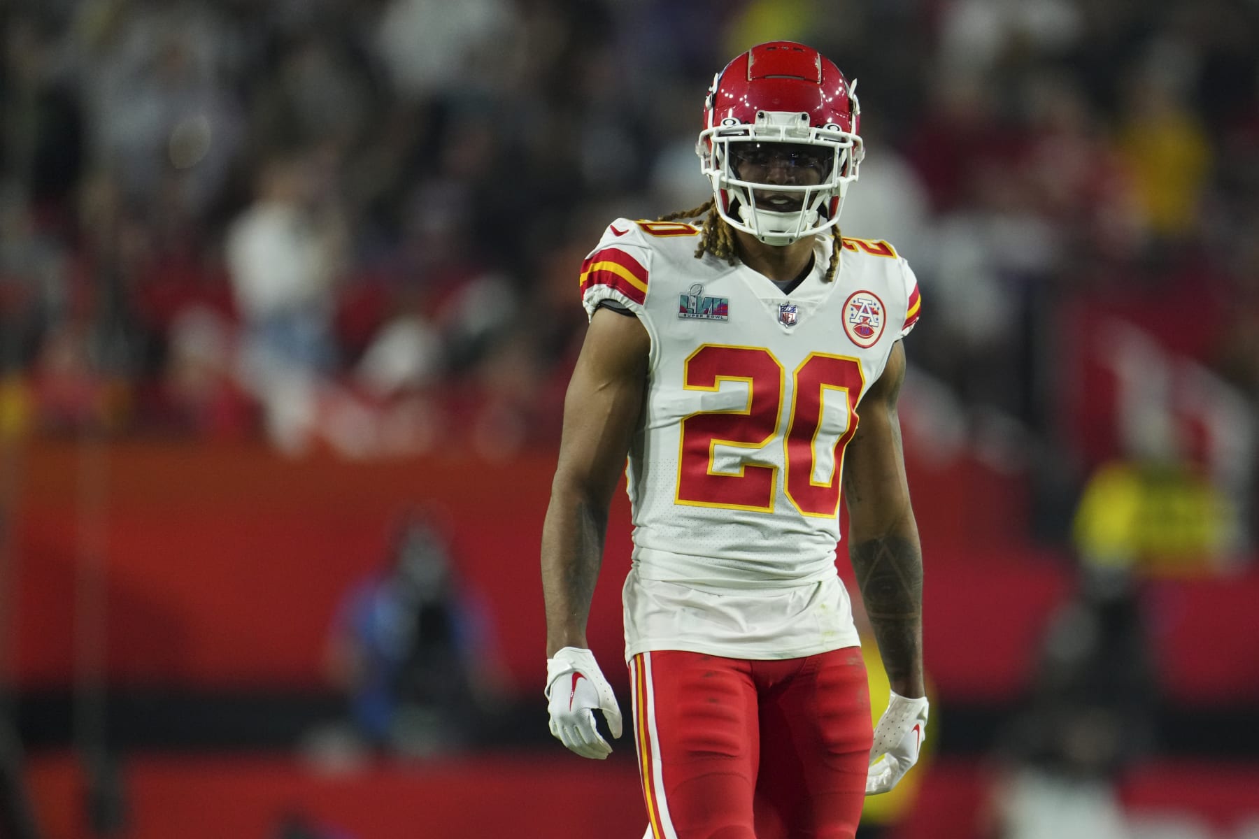 GLENDALE, AZ - FEBRUARY 12: Justin Reid #20 of the Kansas City Chiefs gets set against the Philadelphia Eagles after Super Bowl LVII at State Farm Stadium on February 12, 2023 in Glendale, Arizona. The Chiefs defeated the Eagles 38-35. (Photo by Cooper Neill/Getty Images)