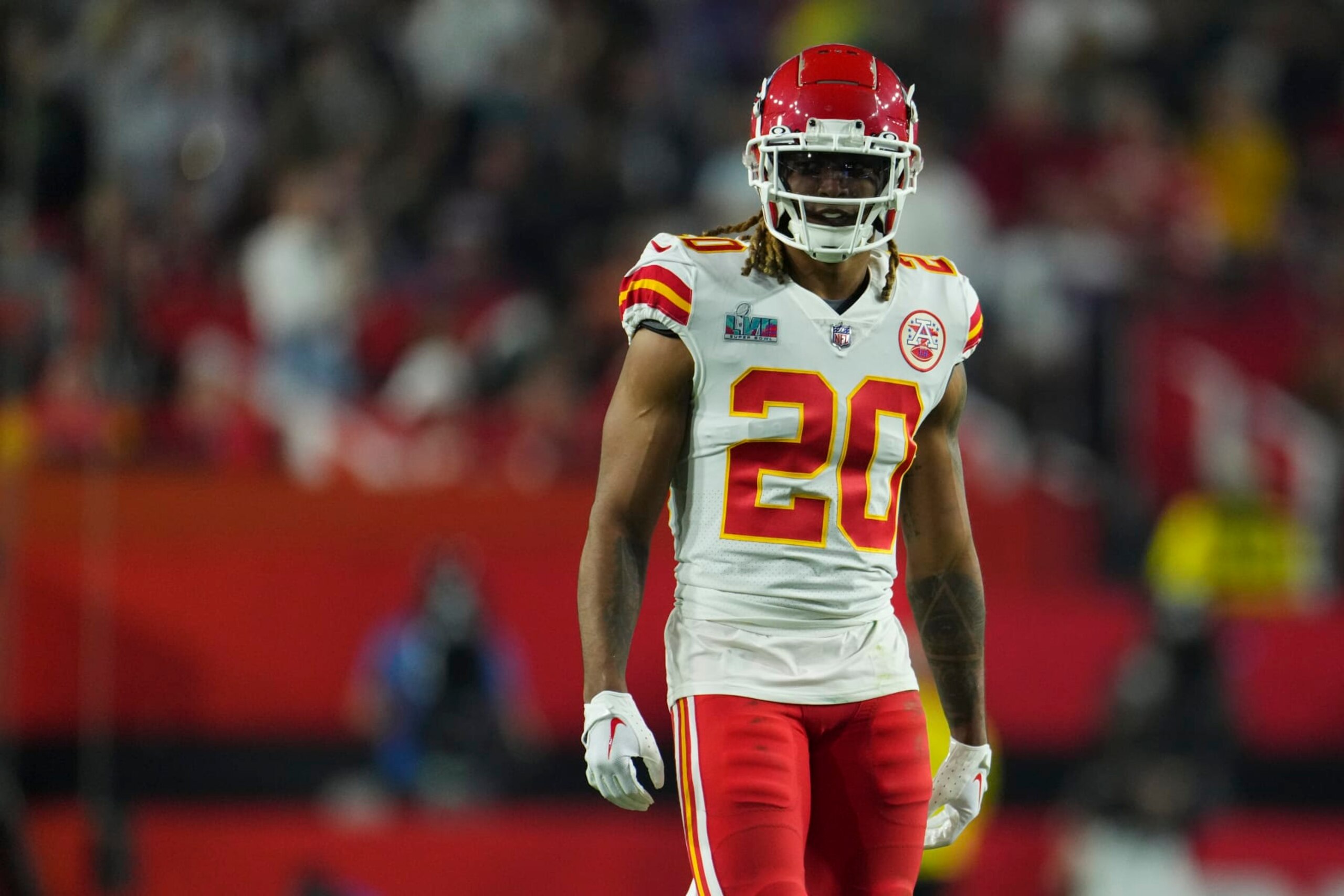 GLENDALE, AZ - FEBRUARY 12: Justin Reid #20 of the Kansas City Chiefs gets set against the Philadelphia Eagles after Super Bowl LVII at State Farm Stadium on February 12, 2023 in Glendale, Arizona. The Chiefs defeated the Eagles 38-35. (Photo by Cooper Neill/Getty Images)