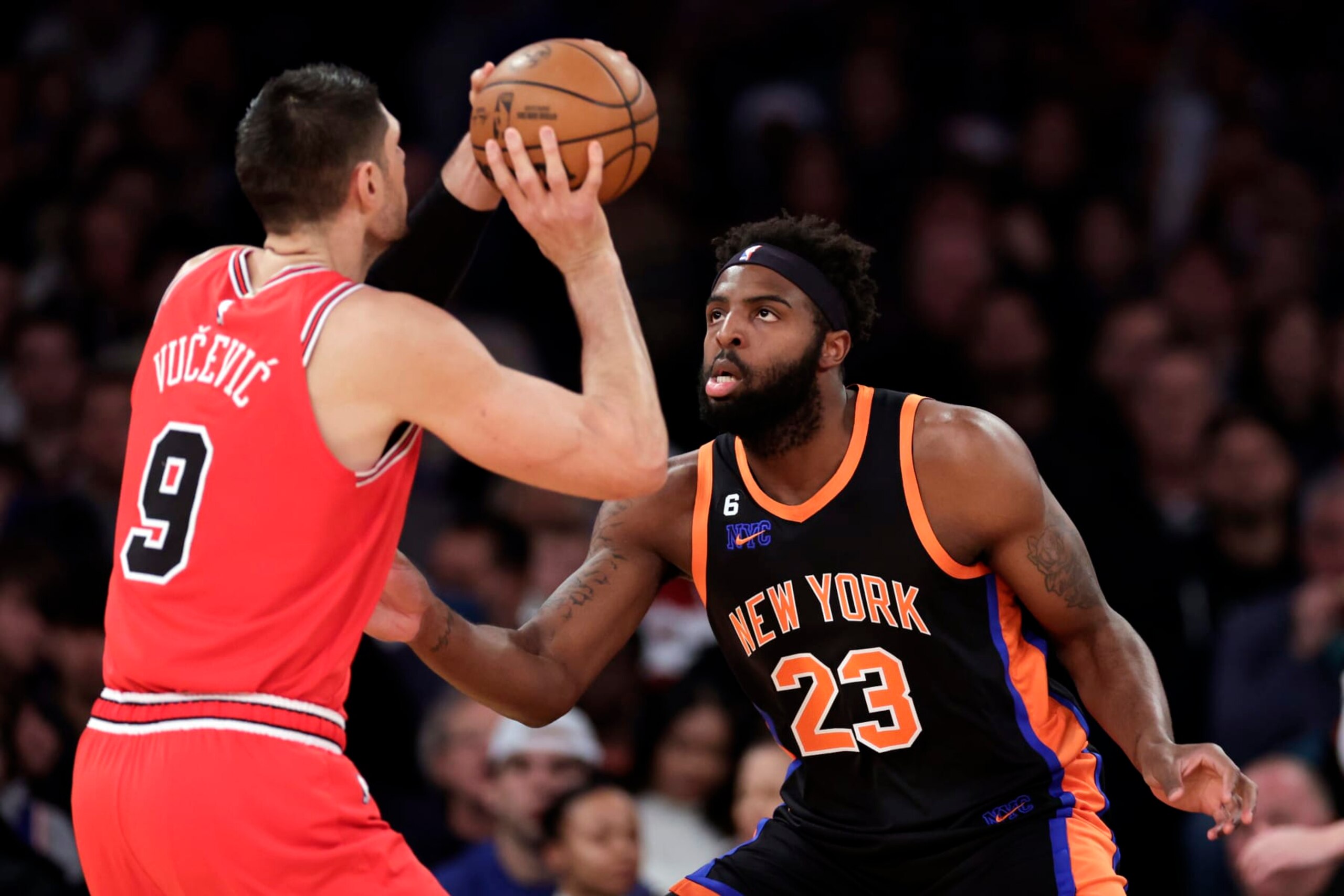 NEW YORK, NEW YORK - DECEMBER 23: Mitchell Robinson #23 of the New York Knicks in action against the Chicago Bulls during the first half at Madison Square Garden on December 23, 2022 in New York City. NOTE TO USER: User expressly acknowledges and agrees that, by downloading and or using this Photograph, user is consenting to the terms and conditions of the Getty Images License Agreement.  (Photo by Adam Hunger/Getty Images)