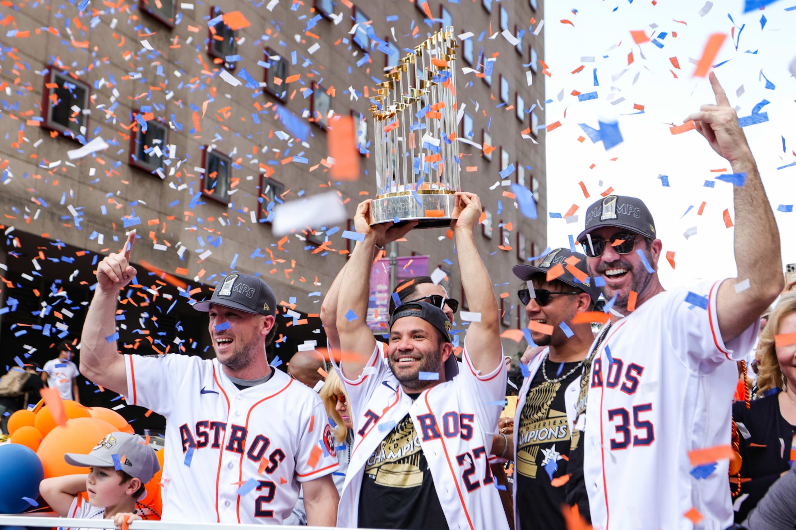 HOUSTON, TEXAS - NOVEMBER 07: Jose Altuve #27, Alex Bregman #2, Justin Verlander #35, Yuli Gurriel #10 and Lance McCullers Jr. #43 of the Houston Astros participate in the World Series Parade on November 07, 2022 in Houston, Texas. (Photo by Carmen Mandato/Getty Images) HOUSTON, TEXAS - NOVEMBER 07: Jose Altuve #27, Alex Bregman #2, Justin Verlander #35, Yuli Gurriel #10 and Lance McCullers Jr. #43 of the Houston Astros participate in the World Series Parade on November 07, 2022 in Houston, Texas. (Photo by Carmen Mandato/Getty Images)