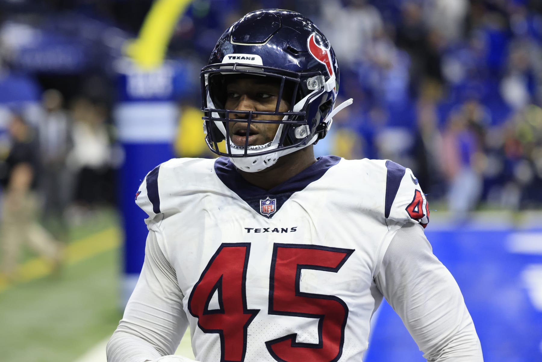 INDIANAPOLIS, INDIANA - JANUARY 08: Ogbonnia Okoronkwo #45 of the Houston Texans on the field in the game against the Indianapolis Colts at Lucas Oil Stadium on January 08, 2023 in Indianapolis, Indiana. (Photo by Justin Casterline/Getty Images)