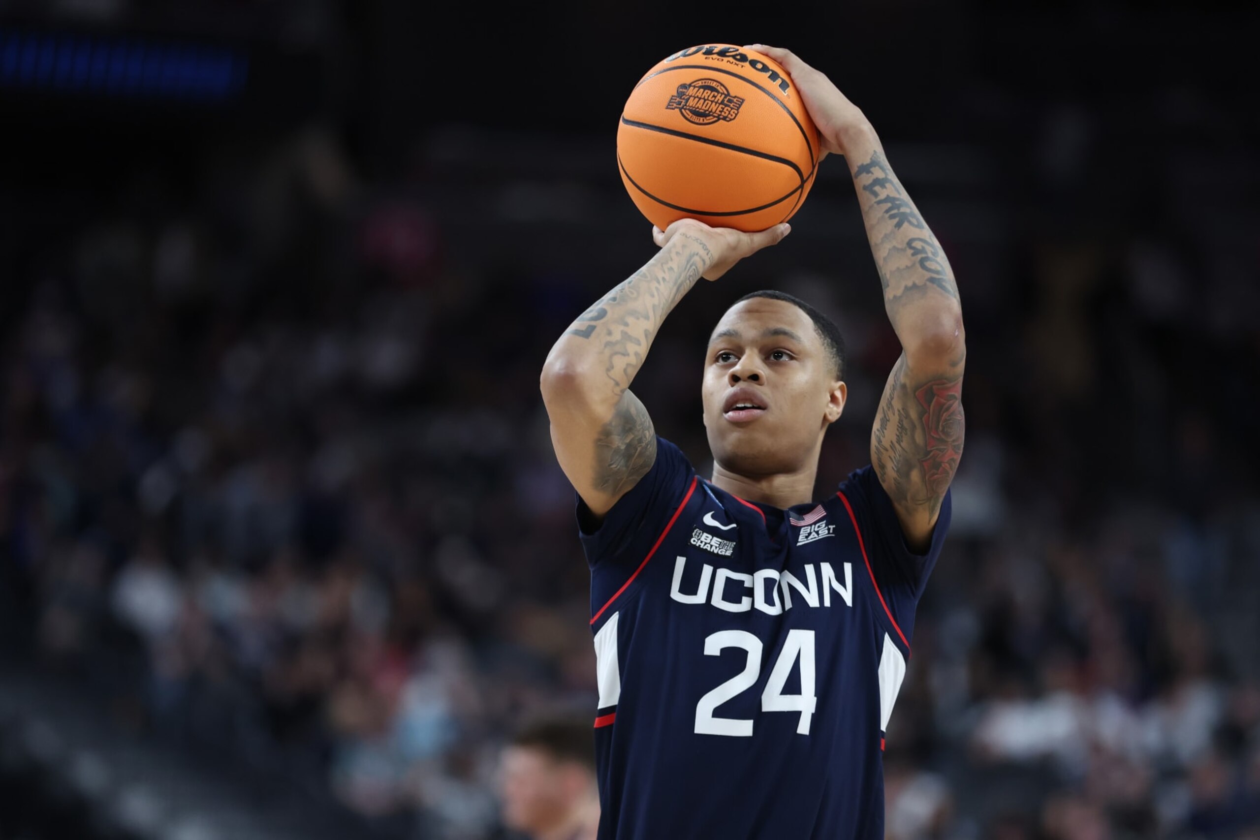 LAS VEGAS, NEVADA - MARCH 25: Jordan Hawkins #24 of the Connecticut Huskies shoots a free throw during the second half against the Gonzaga Bulldogs in the Elite Eight round of the NCAA Men's Basketball Tournament at T-Mobile Arena on March 25, 2023 in Las Vegas, Nevada. (Photo by Sean M. Haffey/Getty Images)
