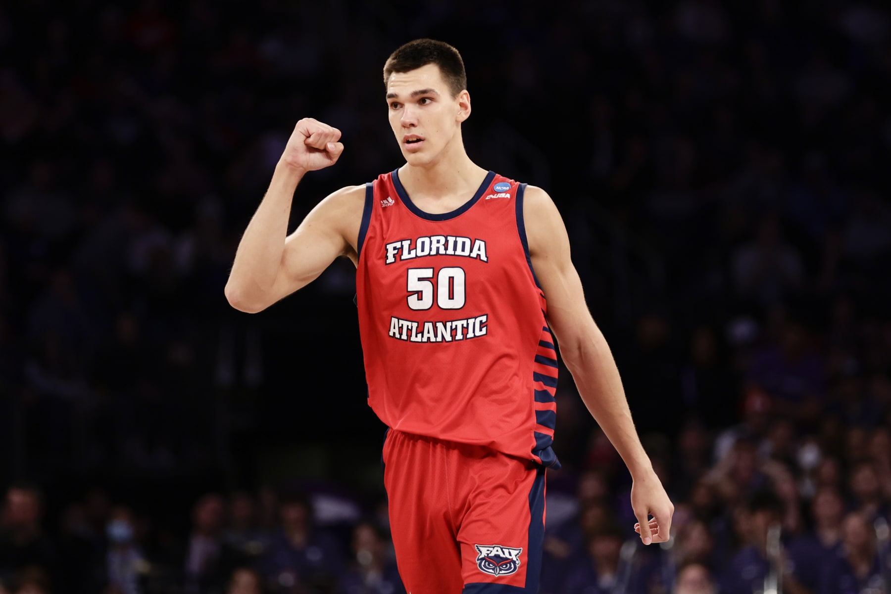 Florida Atlantic's Vladislav Goldin (50) reacts in the second half of an Elite 8 college basketball game against Kansas State in the NCAA Tournament's East Region final, Saturday, March 25, 2023, in New York. (AP Photo/Adam Hunger)
