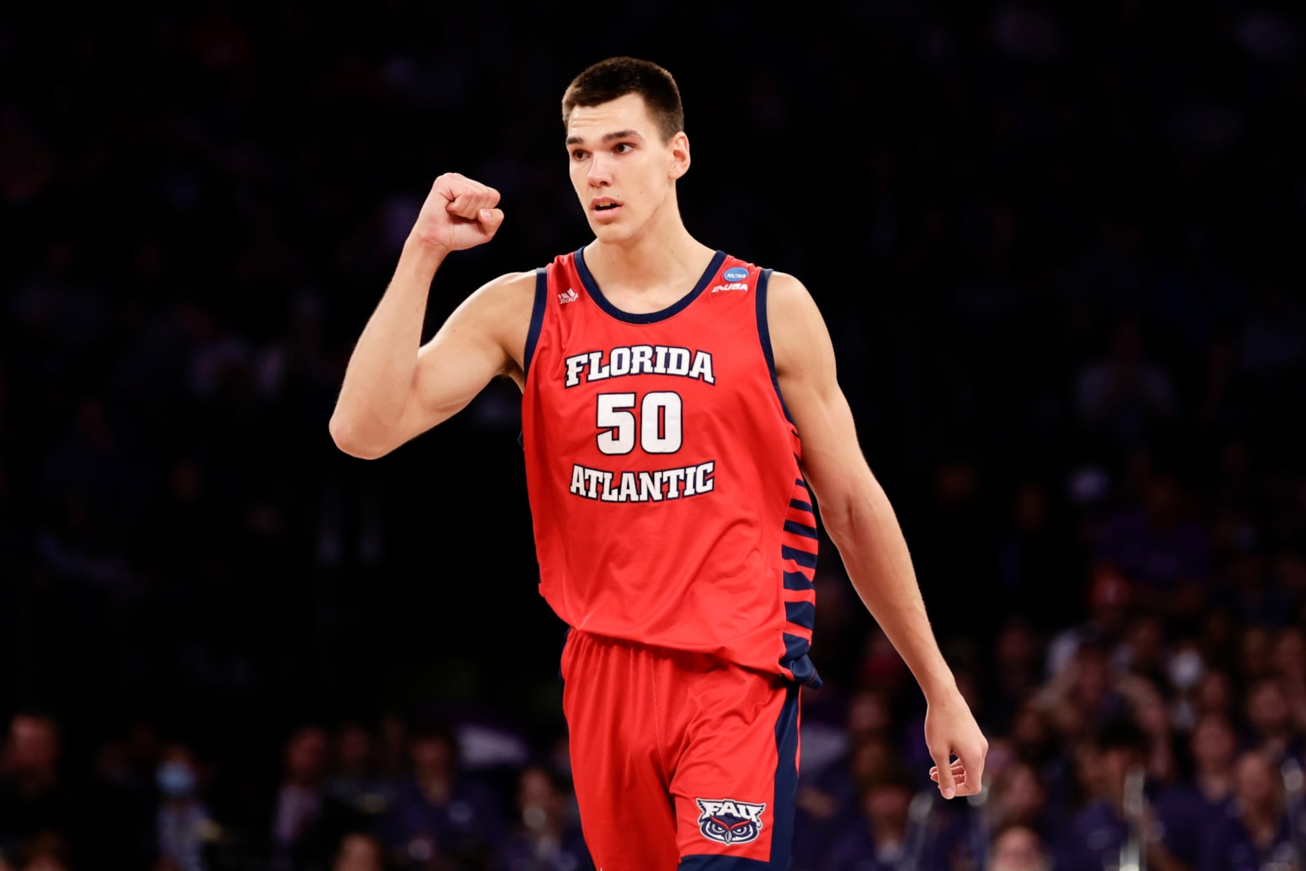 Florida Atlantic's Vladislav Goldin (50) reacts in the second half of an Elite 8 college basketball game against Kansas State in the NCAA Tournament's East Region final, Saturday, March 25, 2023, in New York. (AP Photo/Adam Hunger)