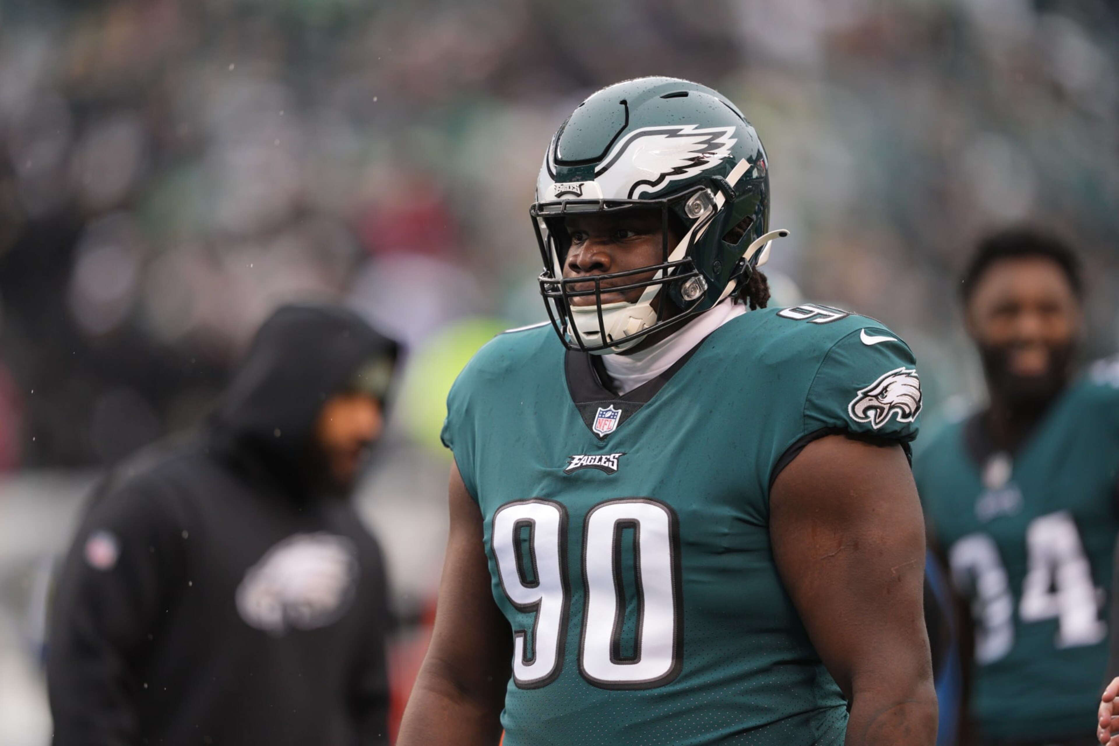PHILADELPHIA, PA - JANUARY 29: Philadelphia Eagles defensive tackle Jordan Davis (90) looks on during the Championship game between the San Fransisco 49ers and the Philadelphia Eagles on January 29, 2023. (Photo by Andy Lewis/Icon Sportswire via Getty Images) PHILADELPHIA, PA - JANUARY 29: Philadelphia Eagles defensive tackle Jordan Davis (90) looks on during the Championship game between the San Fransisco 49ers and the Philadelphia Eagles on January 29, 2023. (Photo by Andy Lewis/Icon Sportswire via Getty Images)