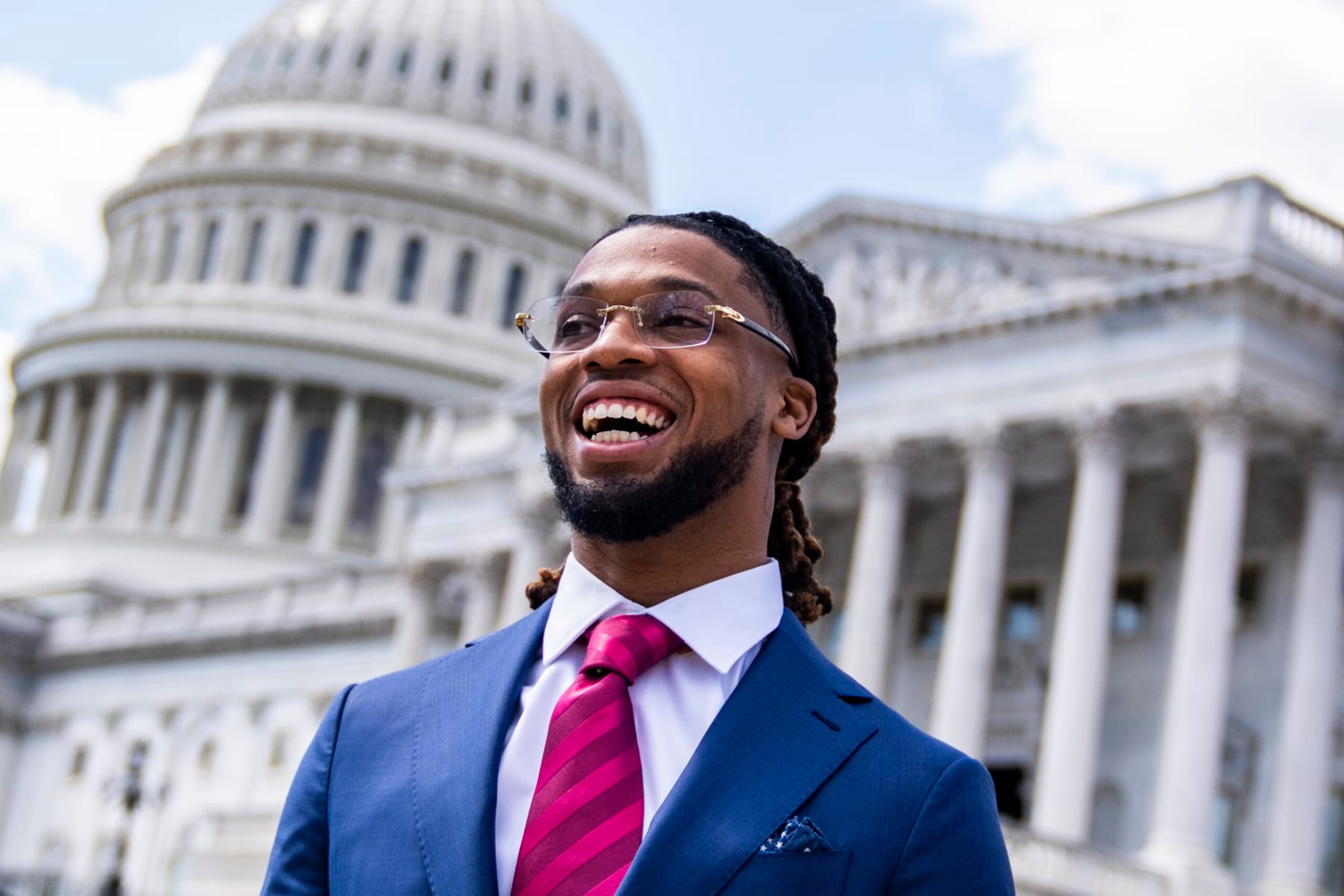 UNITED STATES - MARCH 29: Buffalo Bills safety Damar Hamlin is seen outside the U.S. Capitol before a news conference on the Access to AEDs Act, which aims improve access to defibrillators in schools, on Wednesday, March 29, 2023. (Tom Williams/CQ-Roll Call, Inc via Getty Images)