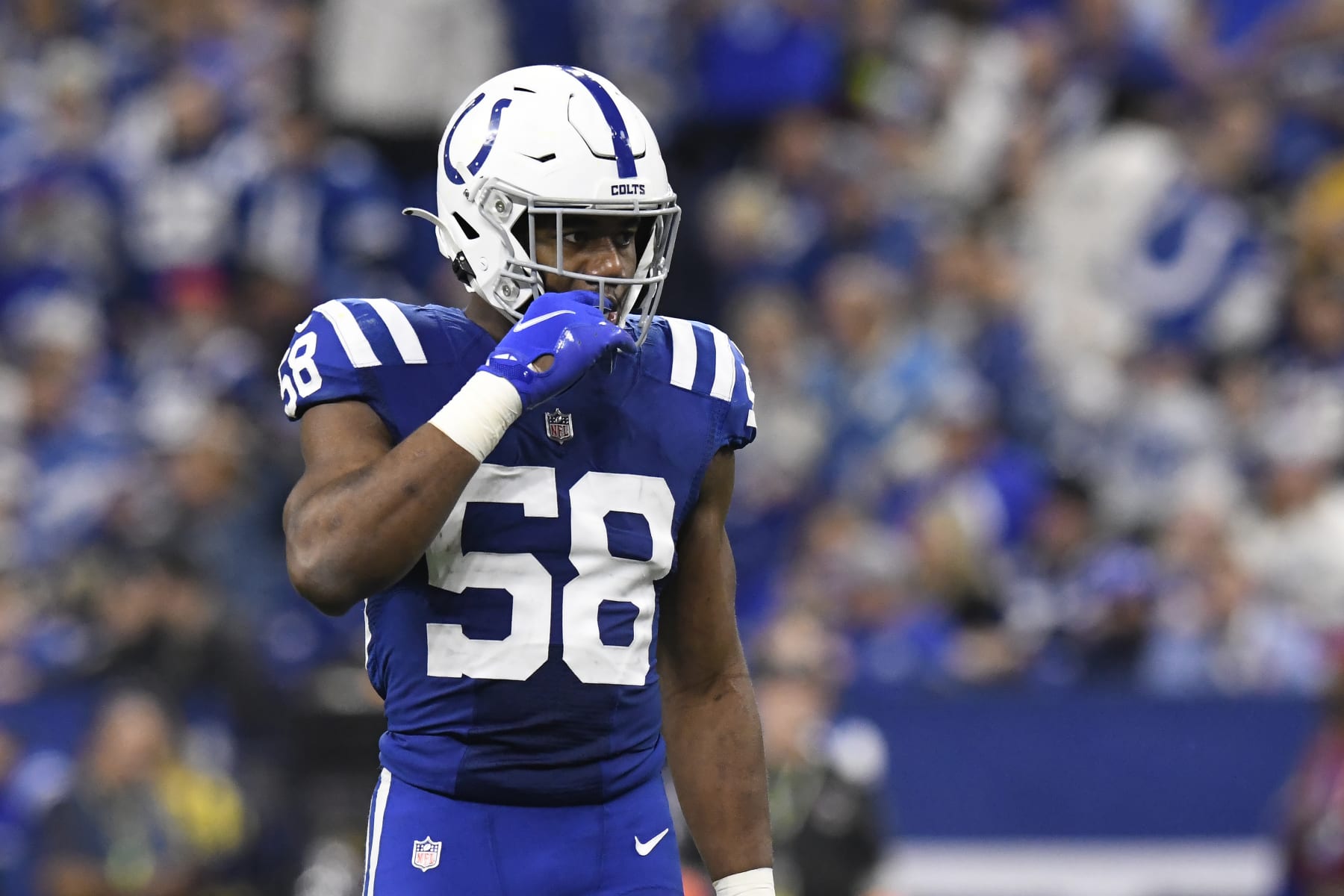 INDIANAPOLIS, IN - DECEMBER 26: Indianapolis Colts linebacker Bobby Okereke (58) waits for play to resume during the NFL football game between the Los Angeles Chargers and the Indianapolis Colts on December 26, 2022, at Lucas Oil Stadium in Indianapolis, Indiana. (Photo by Michael Allio/Icon Sportswire via Getty Images)