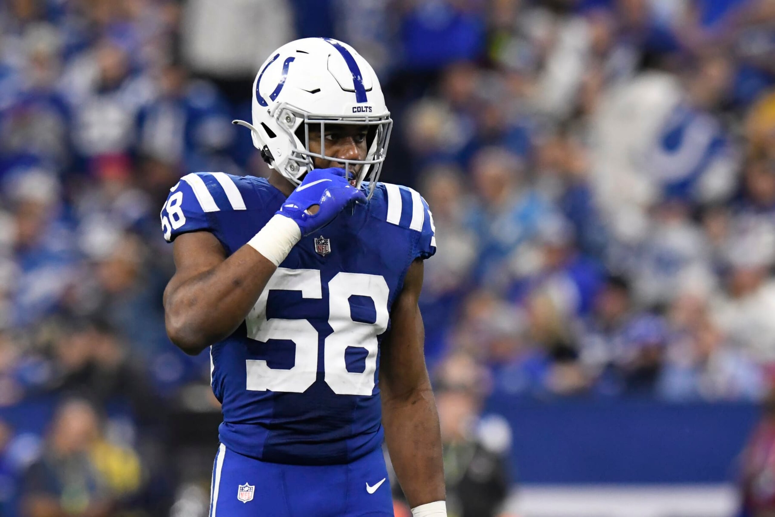 INDIANAPOLIS, IN - DECEMBER 26: Indianapolis Colts linebacker Bobby Okereke (58) waits for play to resume during the NFL football game between the Los Angeles Chargers and the Indianapolis Colts on December 26, 2022, at Lucas Oil Stadium in Indianapolis, Indiana. (Photo by Michael Allio/Icon Sportswire via Getty Images)