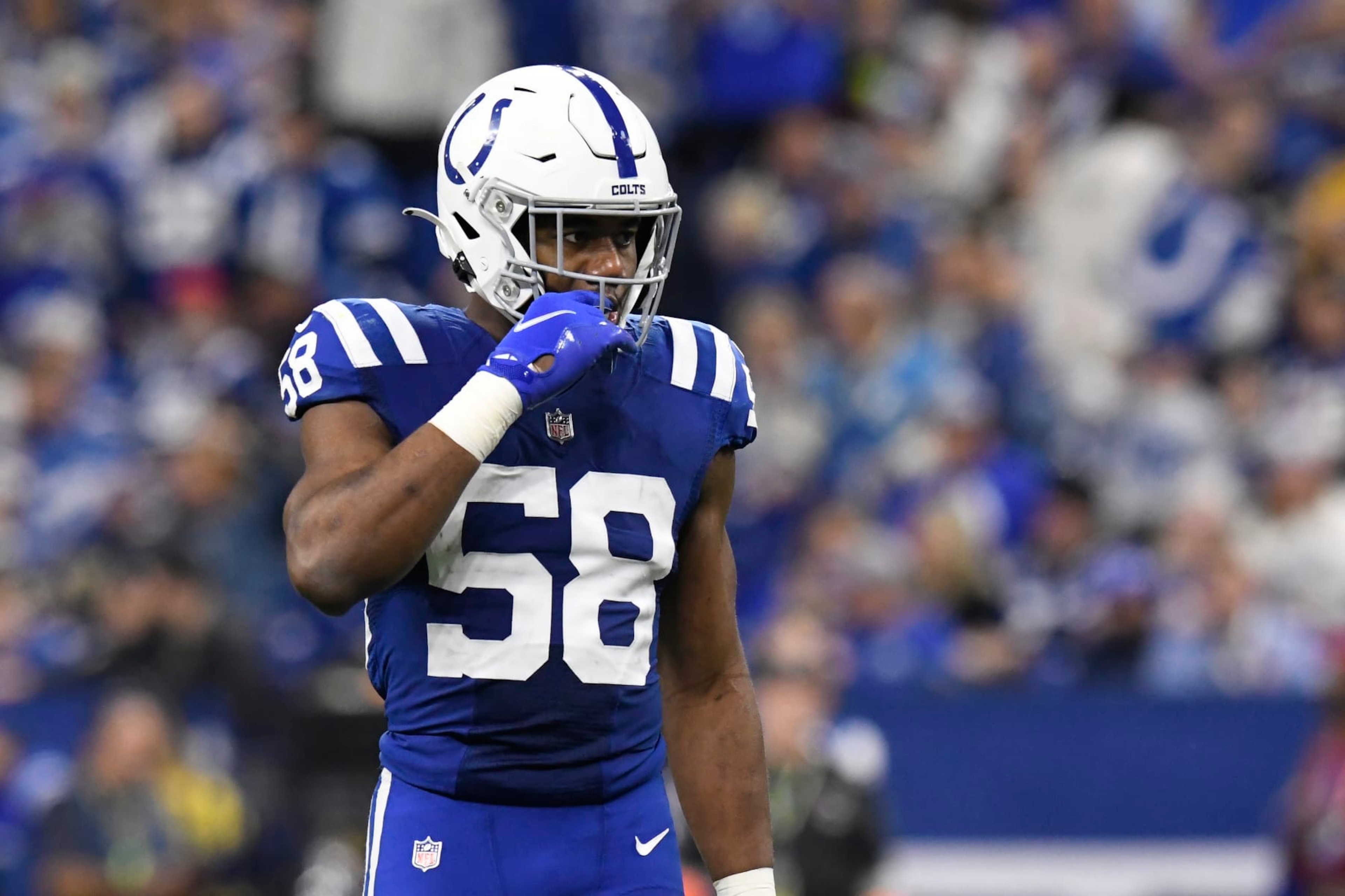 INDIANAPOLIS, IN - DECEMBER 26: Indianapolis Colts linebacker Bobby Okereke (58) waits for play to resume during the NFL football game between the Los Angeles Chargers and the Indianapolis Colts on December 26, 2022, at Lucas Oil Stadium in Indianapolis, Indiana. (Photo by Michael Allio/Icon Sportswire via Getty Images) INDIANAPOLIS, IN - DECEMBER 26: Indianapolis Colts linebacker Bobby Okereke (58) waits for play to resume during the NFL football game between the Los Angeles Chargers and the Indianapolis Colts on December 26, 2022, at Lucas Oil Stadium in Indianapolis, Indiana. (Photo by Michael Allio/Icon Sportswire via Getty Images)