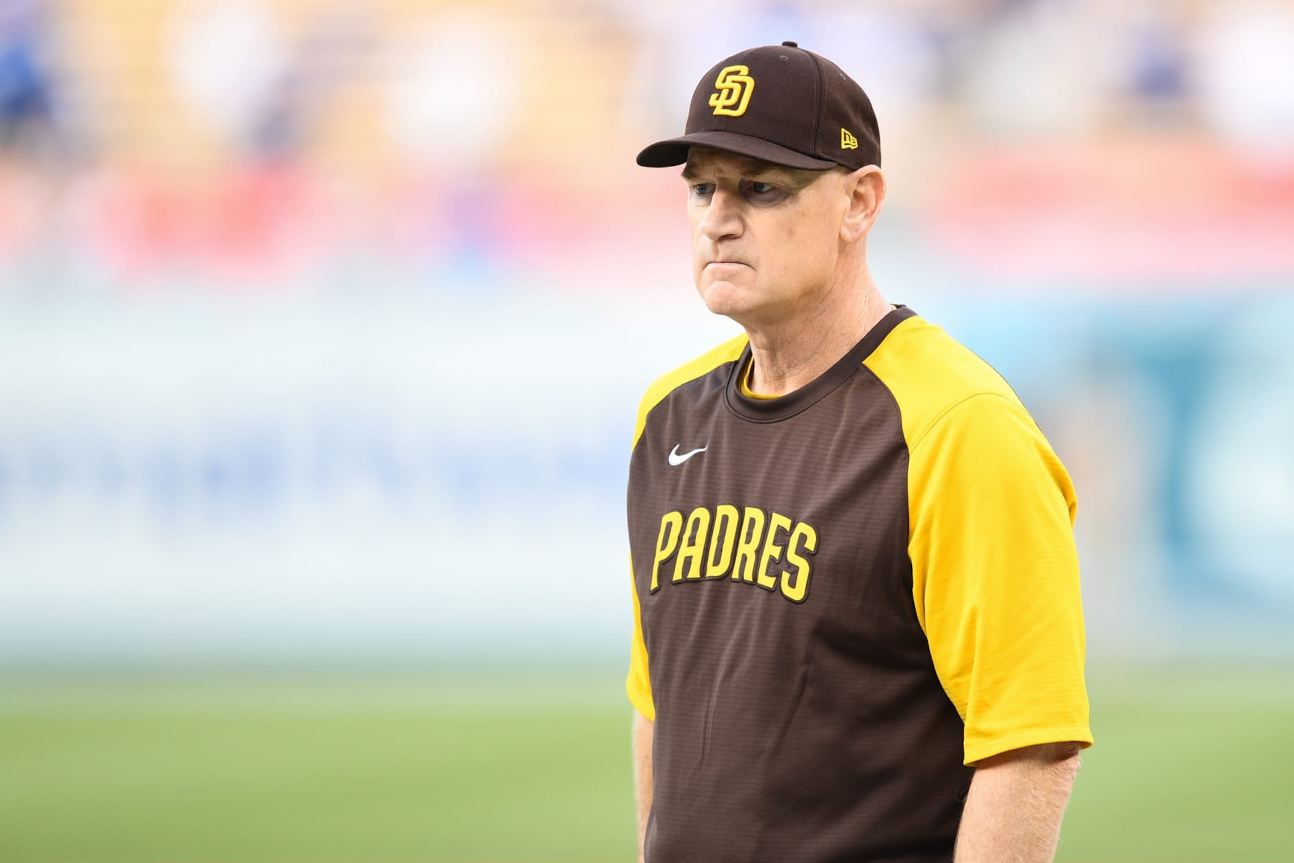 LOS ANGELES, CA - OCTOBER 11: San Diego Padres third base coach Matt Williams looks on during batting practice before the NLDS Game 1 between the San Diego Padres and the Los Angeles Dodgers on October 11, 2022 at Dodger Stadium in Los Angeles, CA. (Photo by Brian Rothmuller/Icon Sportswire via Getty Images)