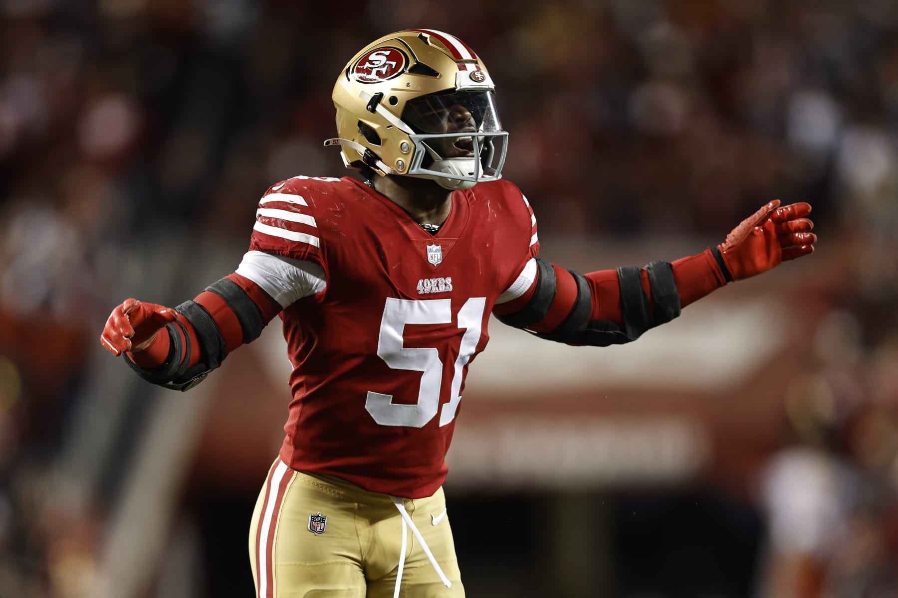 SANTA CLARA, CALIFORNIA - JANUARY 22: Azeez Al-Shaair #51 of the San Francisco 49ers reacts during an NFL divisional round playoff football game between the San Francisco 49ers and the Dallas Cowboys at Levi's Stadium on January 22, 2023 in Santa Clara, California. (Photo by Michael Owens/Getty Images)
