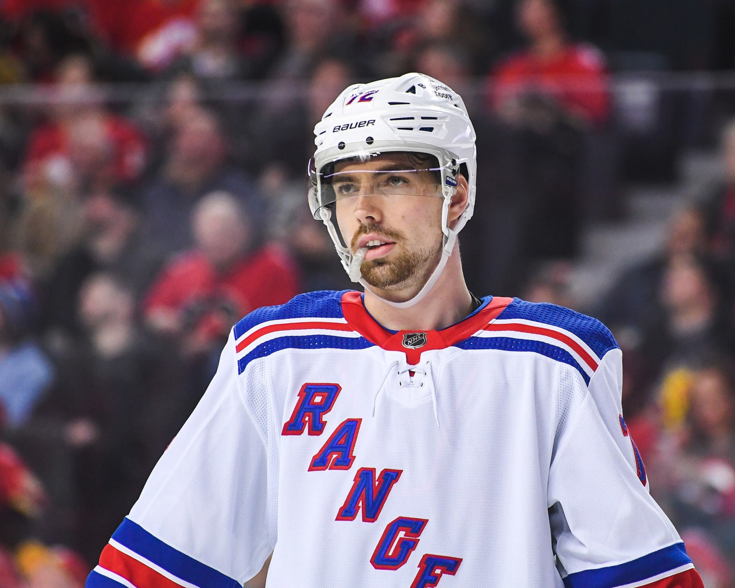 CALGARY, CANADA - FEBRUARY 18: Filip Chytil #72 of the New York Rangers in action against the Calgary Flames during an NHL game at Scotiabank Saddledome on February 18, 2023 in Calgary, Alberta, Canada. The Flames defeated the Rangers 3-2 in overtime. (Photo by Derek Leung/Getty Images)