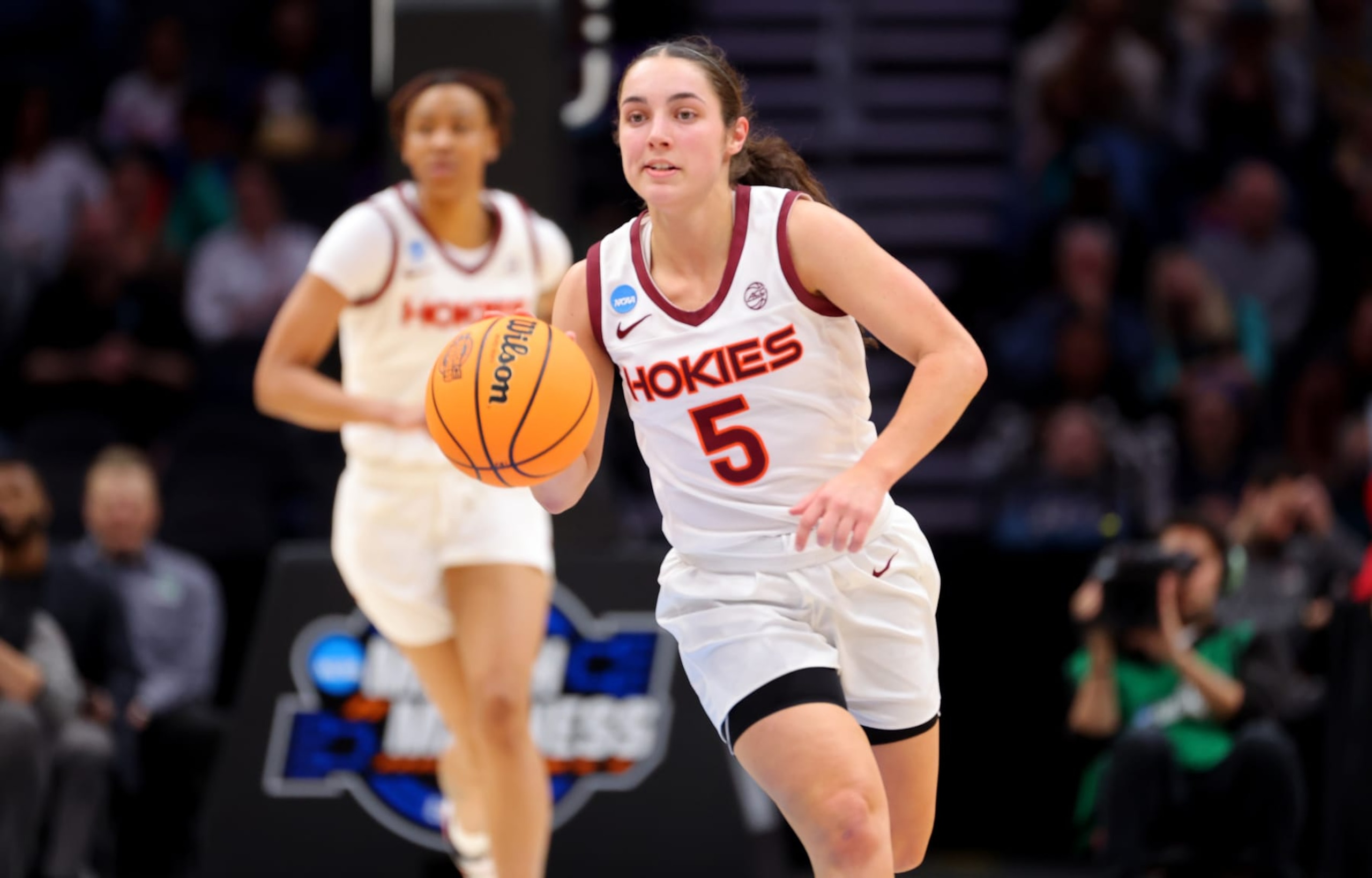 SEATTLE, WA - MARCH 27: Virginia Tech Hokies guard Georgia Amoore #5 brings the ball up the court in the second half of the game against the Ohio State Buckeyes during the Elite Eight round of the 2023 NCAA Women's Basketball Tournament held at Climate Pledge Arena on March 27, 2023 in Seattle, Washington. (Photo by C. Morgan Engel/NCAA Photos via Getty Images)
