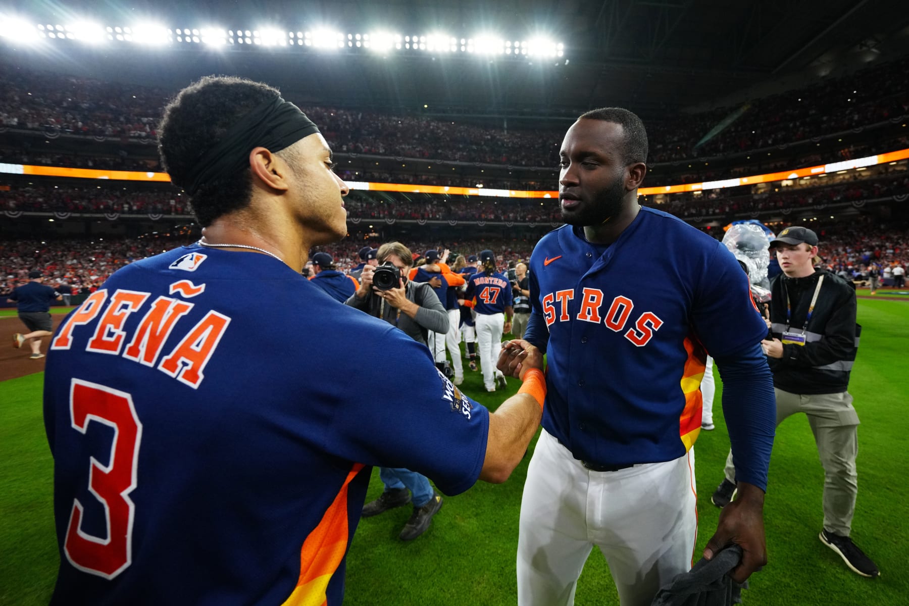 HOUSTON, TX - NOVEMBER 05:  Jeremy Peña #3 and Yordan Alvarez #44 of the Houston Astros celebrate after the Houston Astros defeated the Phillies, 4-1, in Game 6 of the 2022 World Series between the Philadelphia Phillies and the Houston Astros at Minute Maid Park on Saturday, November 5, 2022 in Houston, Texas. (Photo by Daniel Shirey/MLB Photos via Getty Images)
