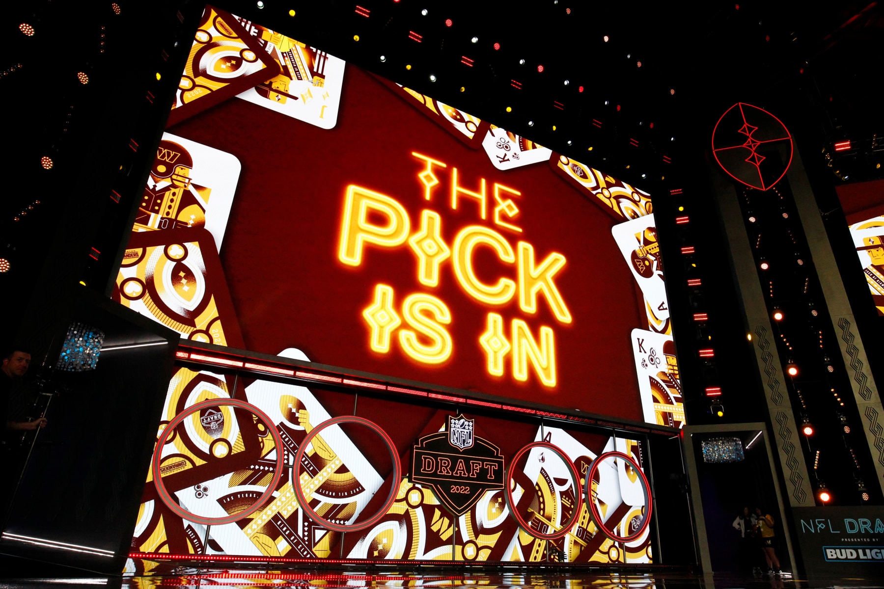 LAS VEGAS, NV - APRIL 28: The Washington Commanders select Jahan Dotson, Penn State (not pictured) with the number 16 pick during the NFL Draft on April 28, 2022 in Las Vegas, Nevada. (Photo by Jeff Speer/Icon Sportswire via Getty Images)