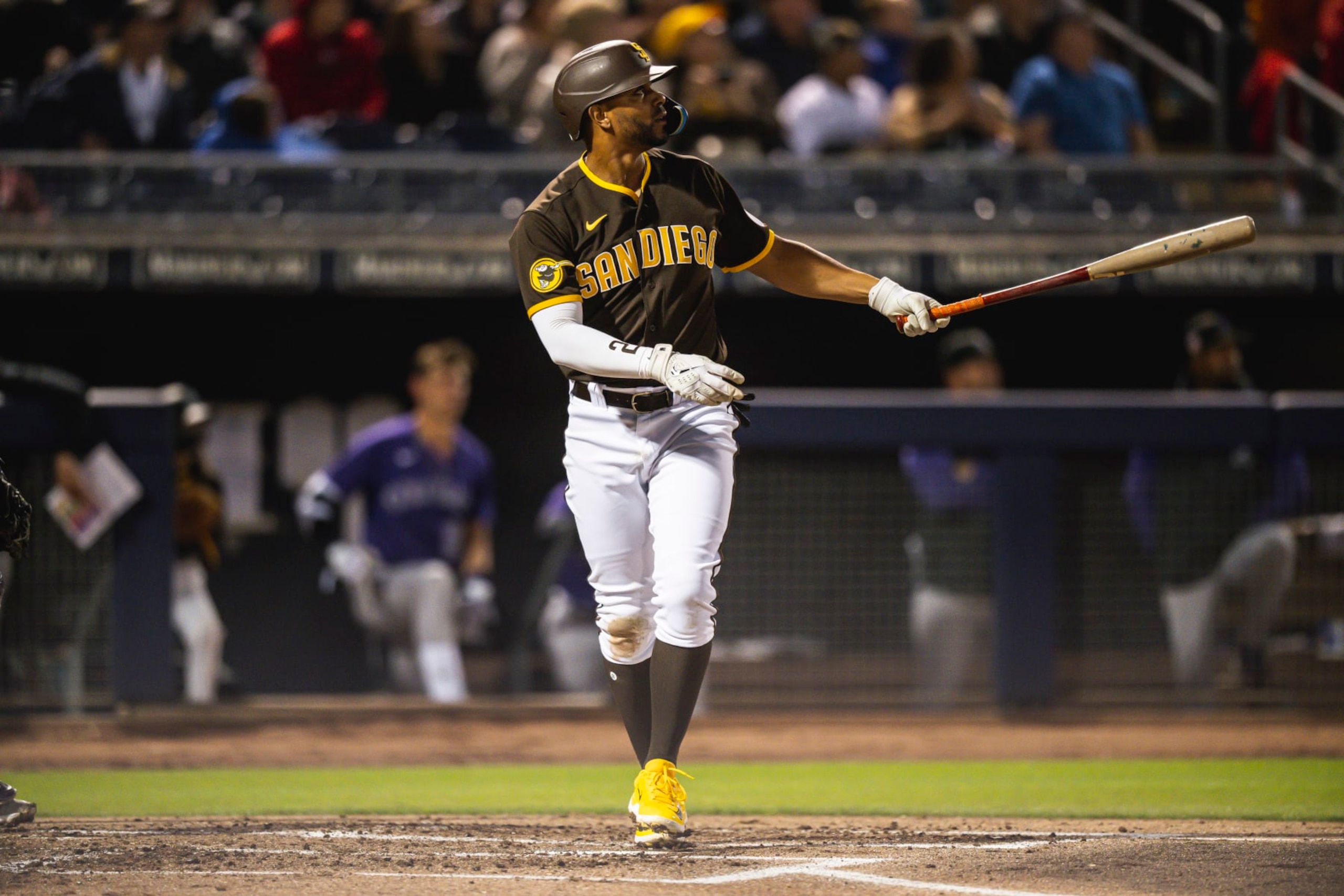 PEORIA, AZ - MARCH 21: Xander Bogaerts #2 of the San Diego Padres bats during a spring training game against the Colorado Rockies at Peoria Stadium on March 21, 2023 in Peoria, Arizona. (Photo by Matt Thomas/San Diego Padres/Getty Images)