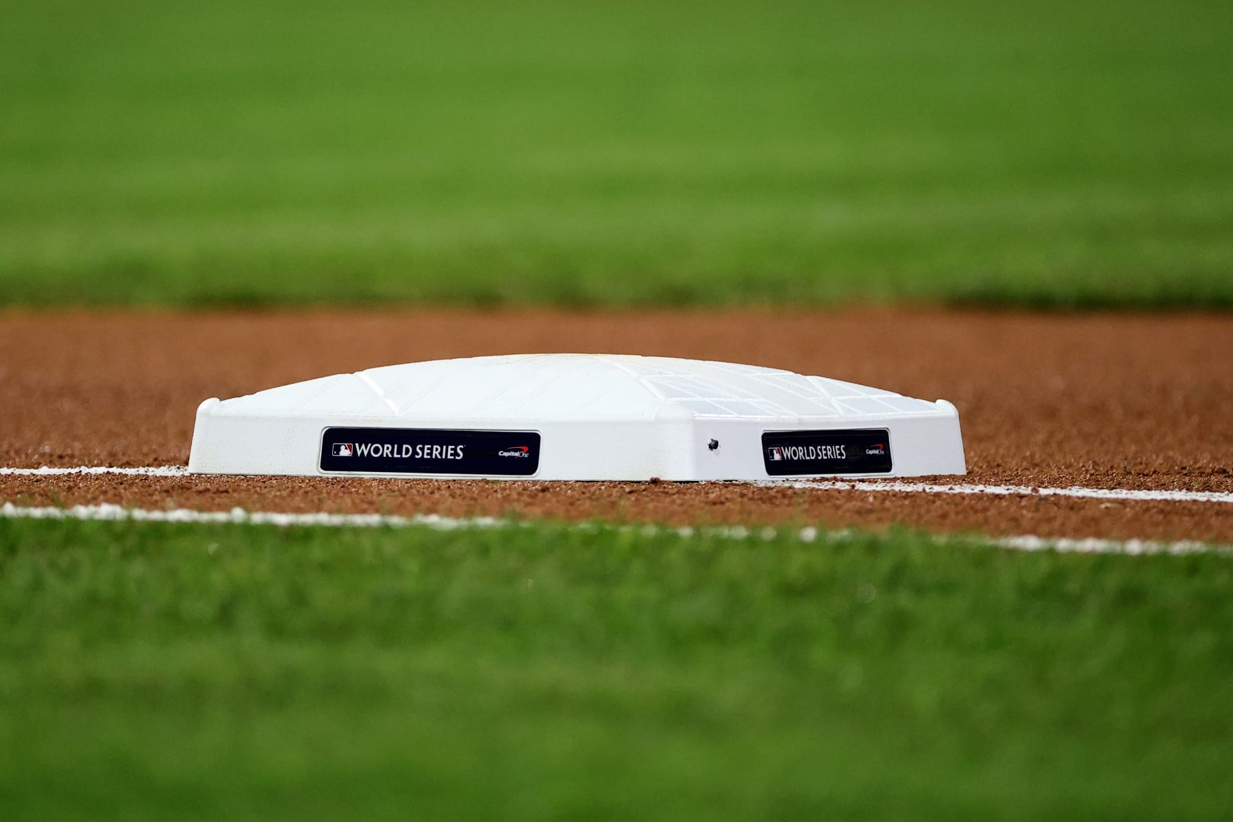 PHILADELPHIA, PENNSYLVANIA - NOVEMBER 01: A general view of a base with the World Series logo prior to Game Three of the 2022 World Series at Citizens Bank Park on November 01, 2022 in Philadelphia, Pennsylvania. (Photo by Tim Nwachukwu/Getty Images)