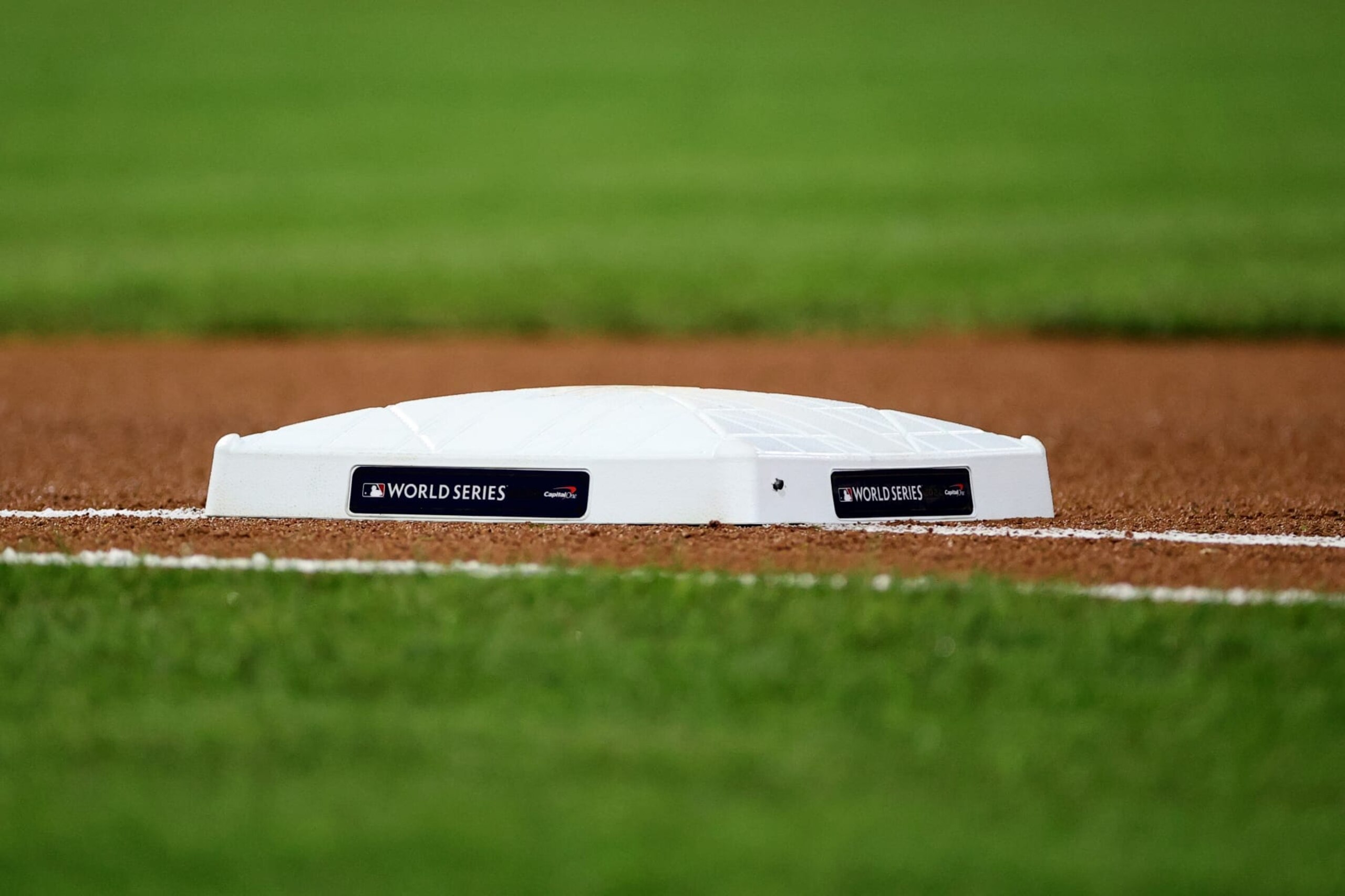 PHILADELPHIA, PENNSYLVANIA - NOVEMBER 01: A general view of a base with the World Series logo prior to Game Three of the 2022 World Series at Citizens Bank Park on November 01, 2022 in Philadelphia, Pennsylvania. (Photo by Tim Nwachukwu/Getty Images)