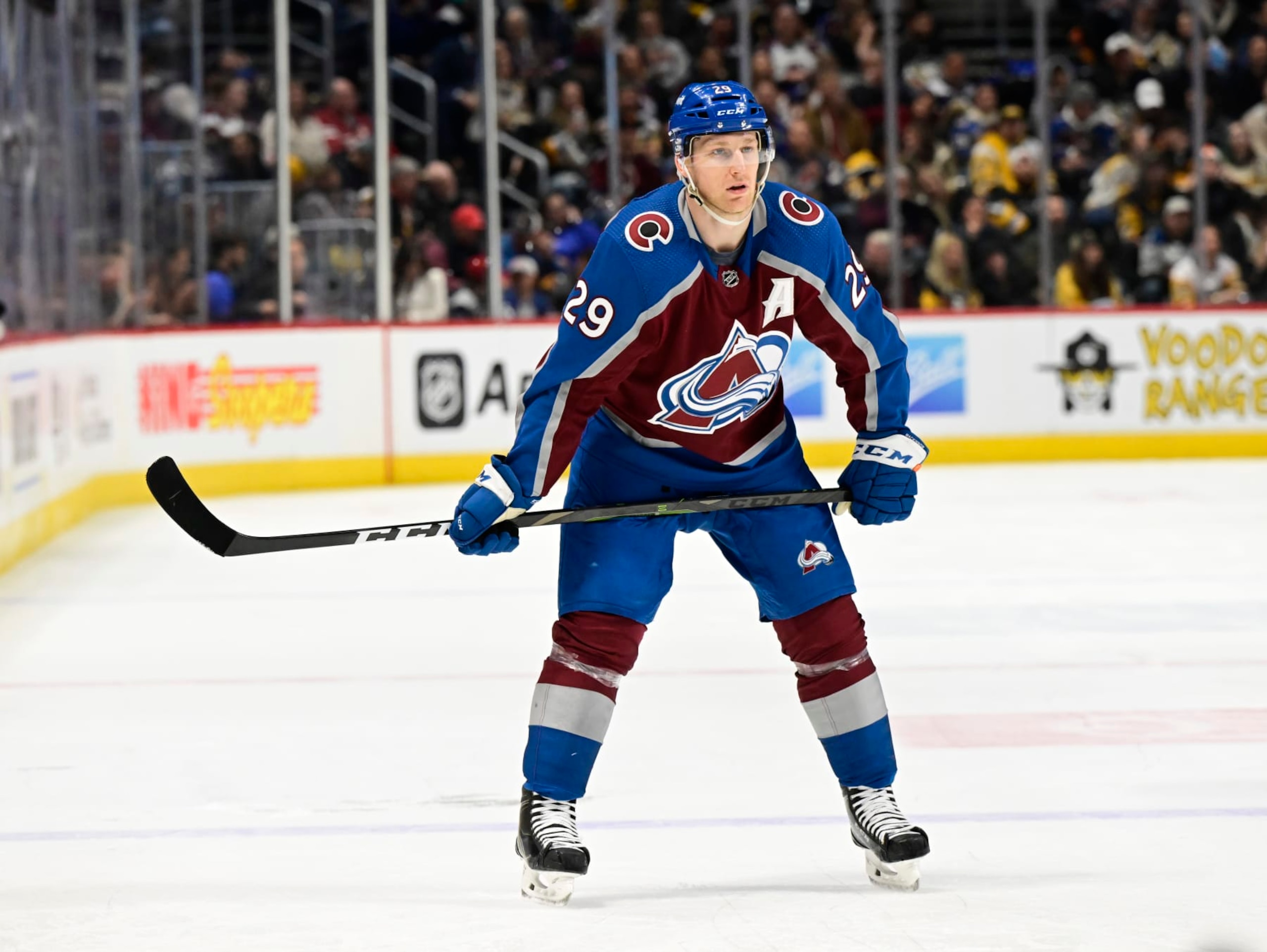 DENVER, CO - MARCH 22: Nathan MacKinnon (29) of the Colorado Avalanche in the third period against the Pittsburgh Penguins at Ball Arena March 22, 2023. (Photo by Andy Cross/MediaNews Group/The Denver Post via Getty Images)