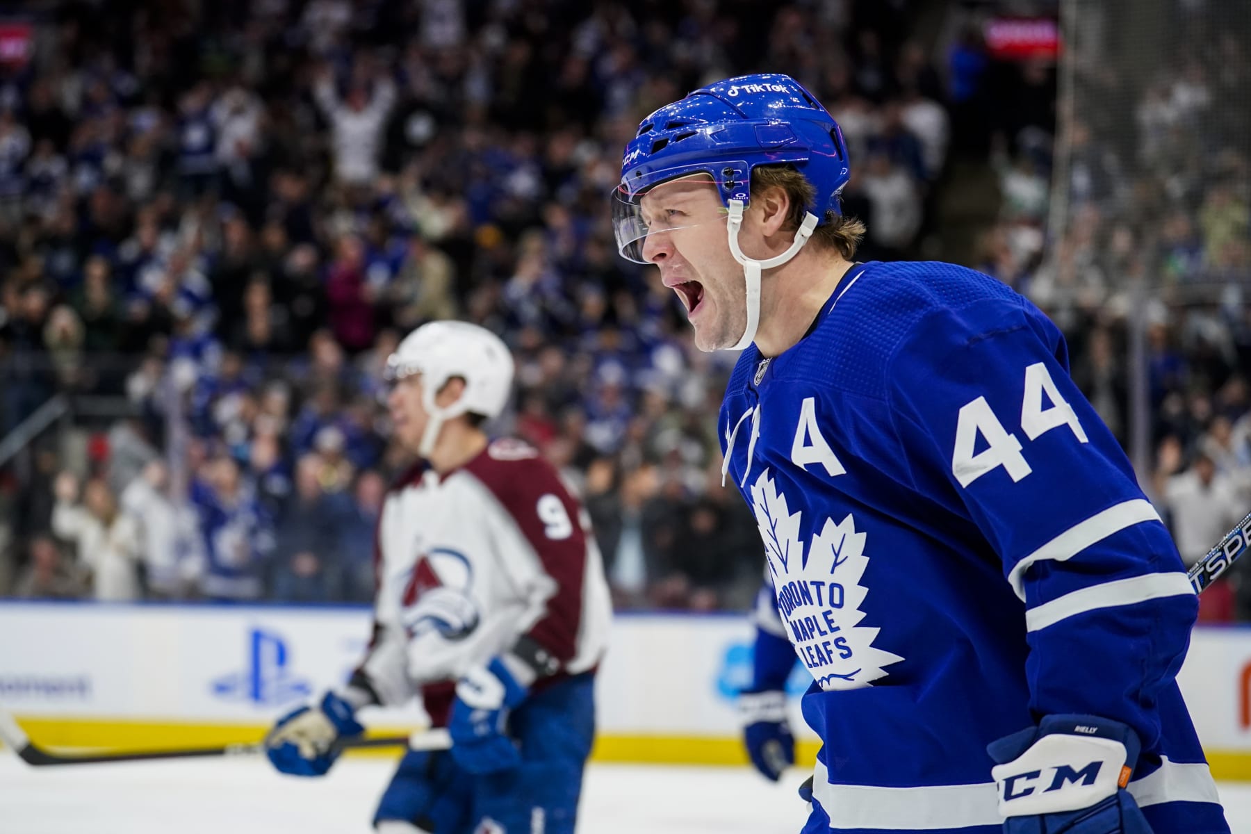 TORONTO, ON - MARCH 15: Morgan Rielly #44 of the Toronto Maple Leafs celebrates his goal against the Colorado Avalanche during the first period at the Scotiabank Arena on March 15, 2023 in Toronto, Ontario, Canada. (Photo by Andrew Lahodynskyj/NHLI via Getty Images)