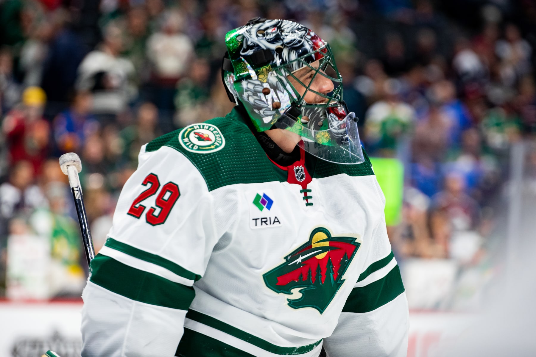 DENVER, COLORADO - MARCH 29: Marc-Andre Fleury #29 of the Minnesota Wild smiles while skating in warmups ahead against the Colorado Avalanche at Ball Arena on March 29, 2023 in Denver, Colorado. (Photo by Ashley Potts/NHLI via Getty Images)