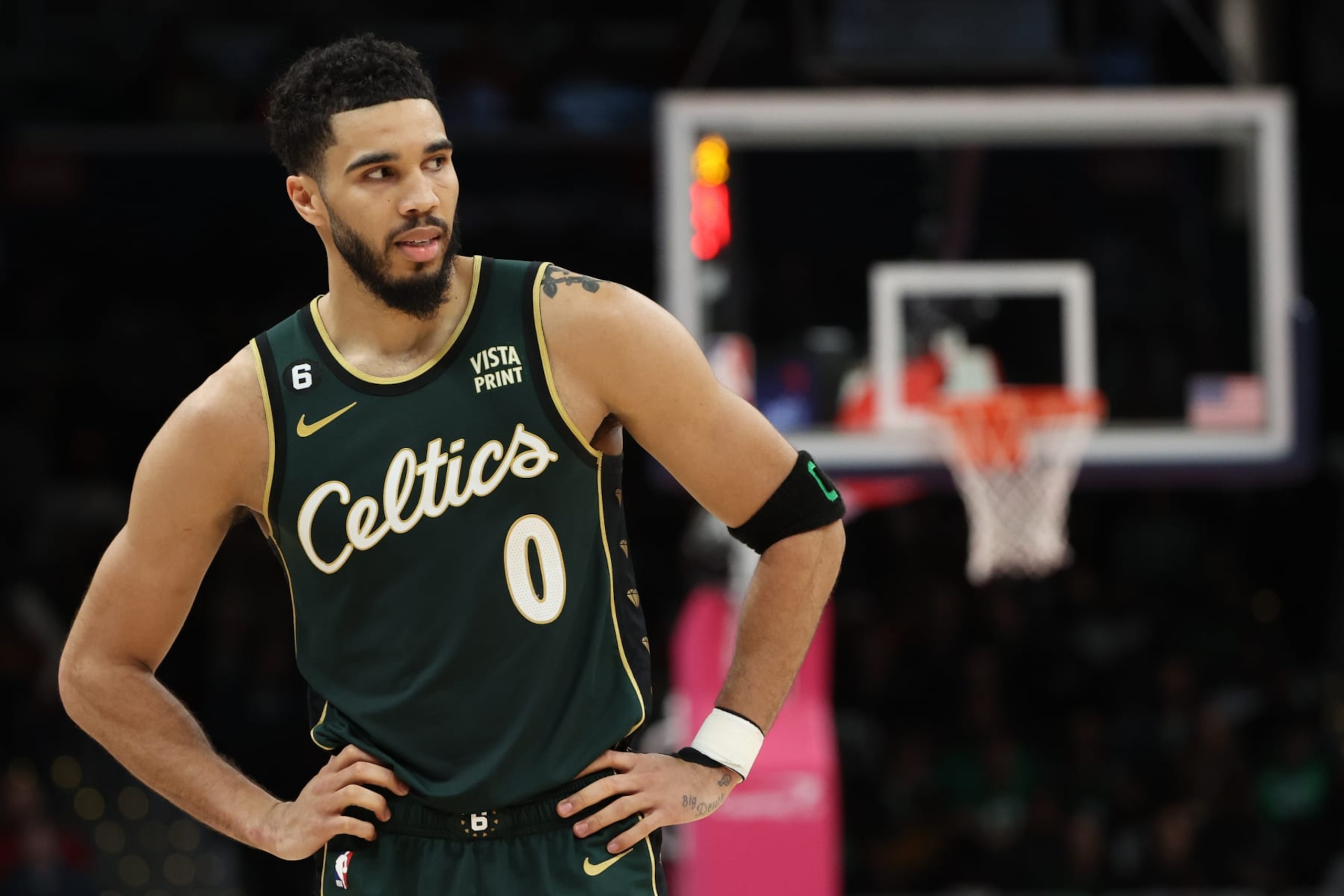 WASHINGTON, DC - MARCH 28: Jayson Tatum #0 of the Boston Celtics reacts against the Washington Wizards during the first half at Capital One Arena on March 28, 2023 in Washington, DC. NOTE TO USER: User expressly acknowledges and agrees that, by downloading and or using this photograph, User is consenting to the terms and conditions of the Getty Images License Agreement. (Photo by Patrick Smith/Getty Images)