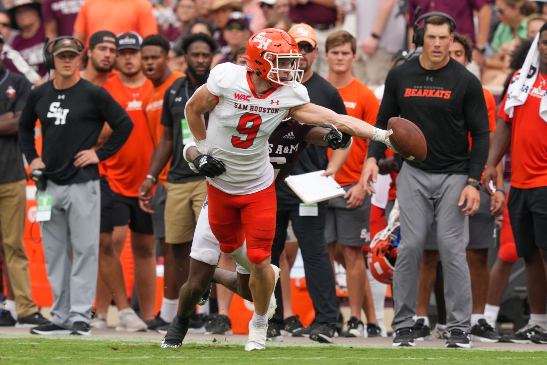 COLLEGE STATION, TX - SEPTEMBER 03: Sam Houston State Bearkats wide receiver Cody Chrest (9) reaches for the ball during the game between the Sam Houston State University Bearkats and the Texas A&M Aggies on September 3, 2022, at Kyle Field in College Station, Texas.  (Photo by Daniel Dunn/Icon Sportswire via Getty Images)
