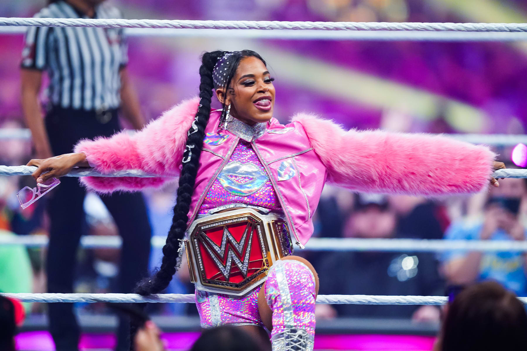 SAN ANTONIO, TEXAS - JANUARY 28: Bianca Belair is introduced prior to the Raw Women's championship during the WWE Royal Rumble event at the Alamodome on January 28, 2023 in San Antonio, Texas. (Photo by Alex Bierens de Haan/Getty Images)
