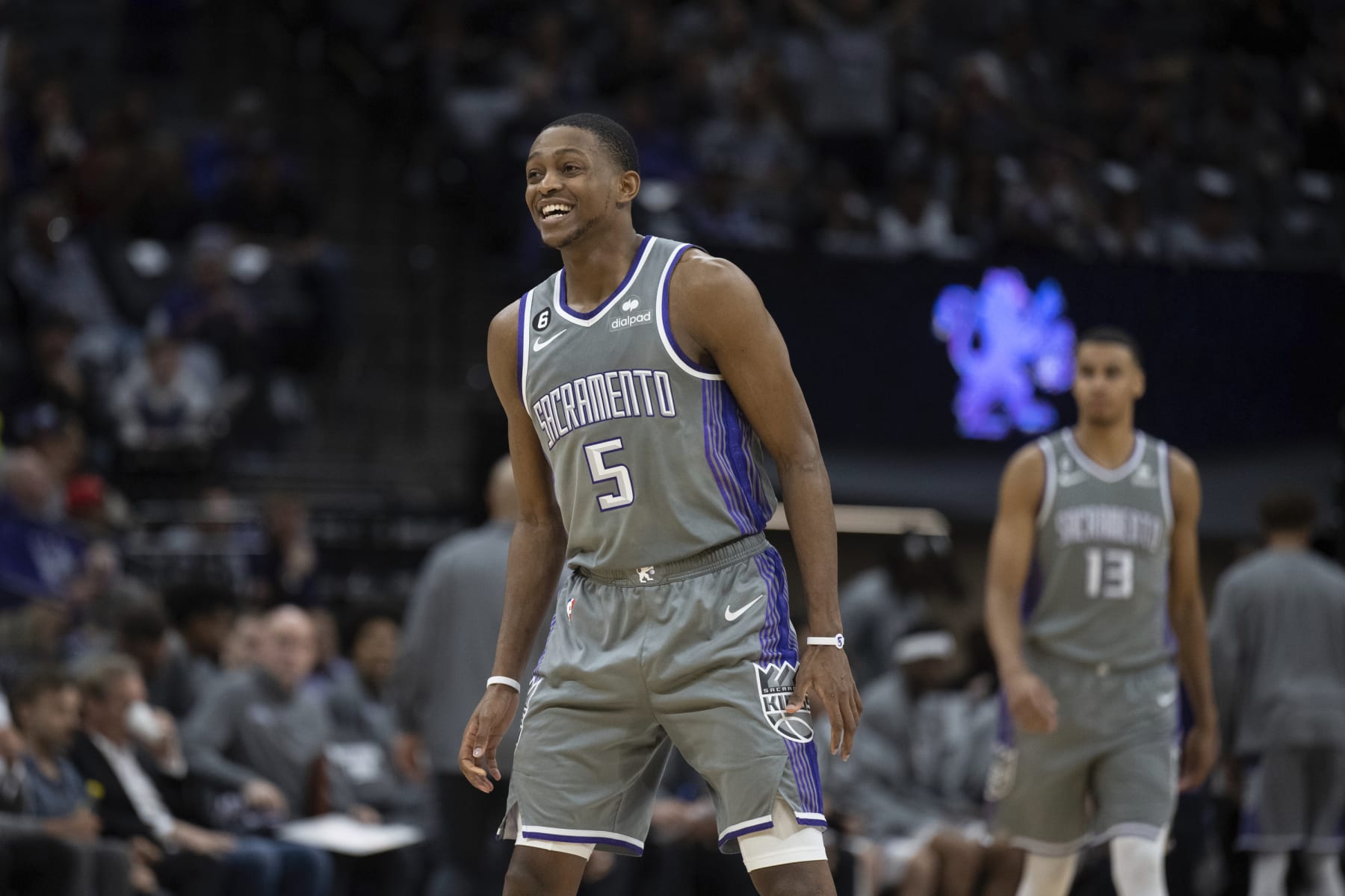 Sacramento Kings guard De'Aaron Fox (5) smiles as the second half begins in an NBA basketball game against the Minnesota Timberwolves in Sacramento, Calif., Monday, March 27, 2023. The Timberwolves won 119-115. (AP Photo/José Luis Villegas)