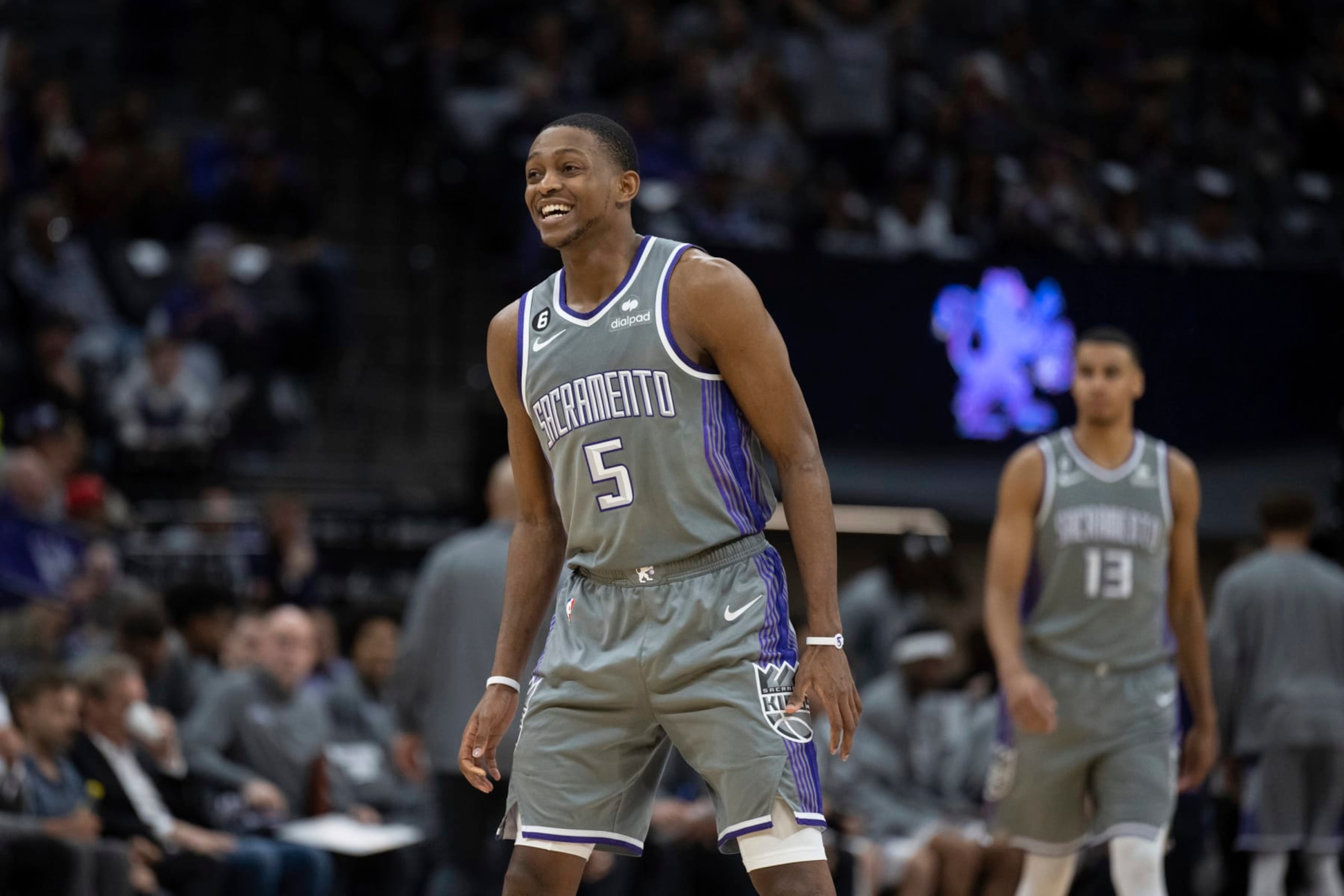 Sacramento Kings guard De'Aaron Fox (5) smiles as the second half begins in an NBA basketball game against the Minnesota Timberwolves in Sacramento, Calif., Monday, March 27, 2023. The Timberwolves won 119-115. (AP Photo/José Luis Villegas) Sacramento Kings guard De'Aaron Fox (5) smiles as the second half begins in an NBA basketball game against the Minnesota Timberwolves in Sacramento, Calif., Monday, March 27, 2023. The Timberwolves won 119-115. (AP Photo/José Luis Villegas)