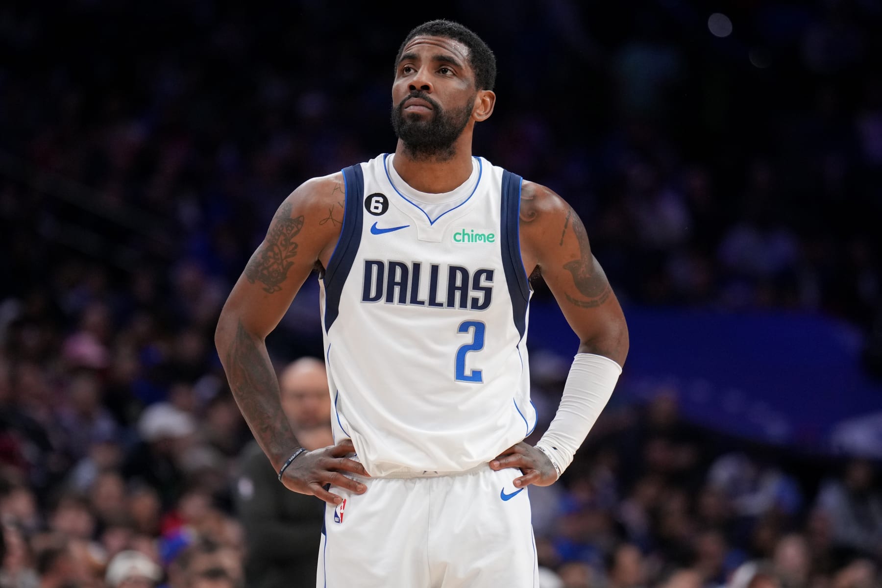 PHILADELPHIA, PA - MARCH 29: Kyrie Irving #2 of the Dallas Mavericks looks on during the game against the Philadelphia 76ers on March 29, 2023 at the Wells Fargo Center in Philadelphia, Pennsylvania NOTE TO USER: User expressly acknowledges and agrees that, by downloading and/or using this Photograph, user is consenting to the terms and conditions of the Getty Images License Agreement. Mandatory Copyright Notice: Copyright 2023 NBAE (Photo by Jesse D. Garrabrant/NBAE via Getty Images)
