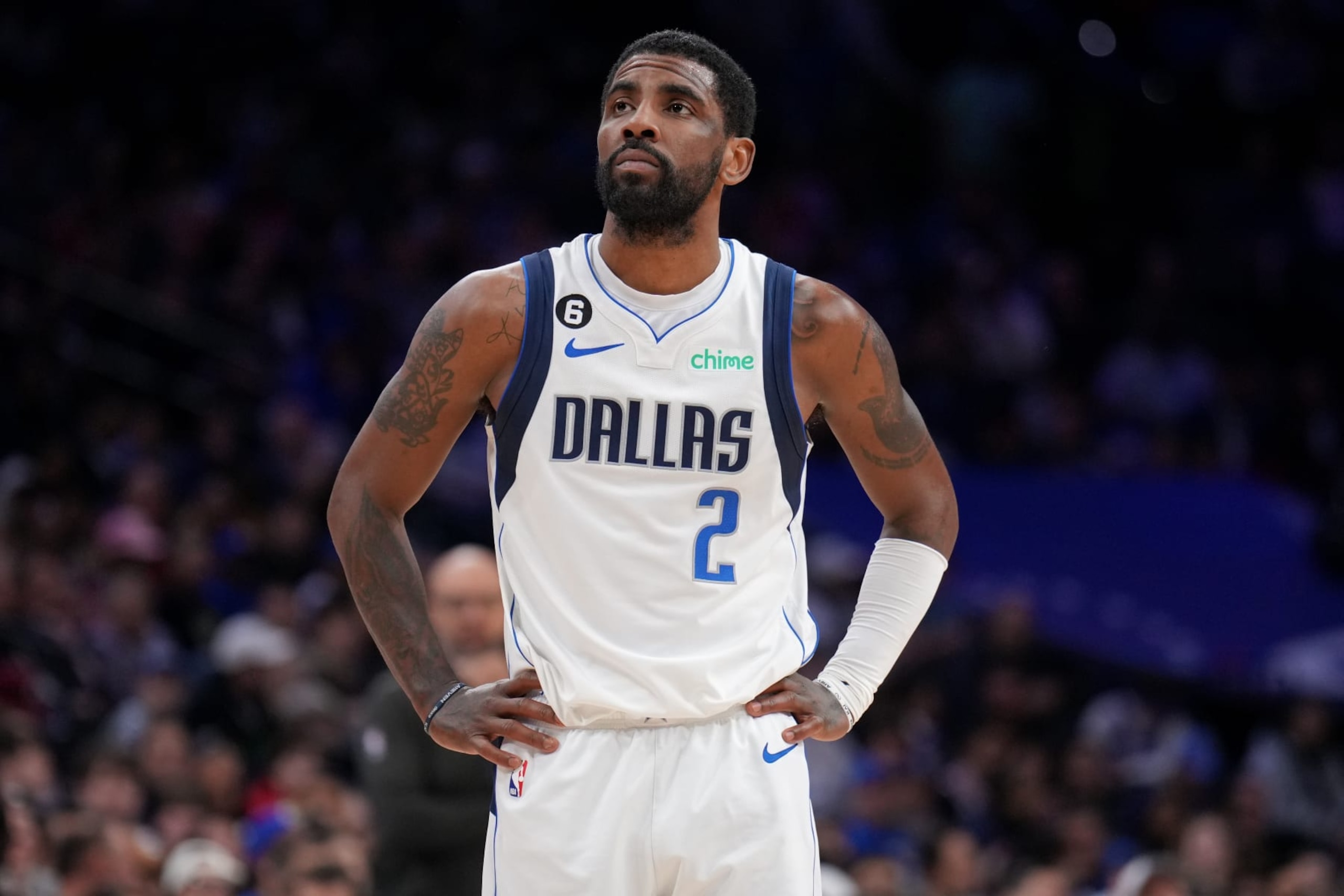 PHILADELPHIA, PA - MARCH 29: Kyrie Irving #2 of the Dallas Mavericks looks on during the game against the Philadelphia 76ers on March 29, 2023 at the Wells Fargo Center in Philadelphia, Pennsylvania NOTE TO USER: User expressly acknowledges and agrees that, by downloading and/or using this Photograph, user is consenting to the terms and conditions of the Getty Images License Agreement. Mandatory Copyright Notice: Copyright 2023 NBAE (Photo by Jesse D. Garrabrant/NBAE via Getty Images)
