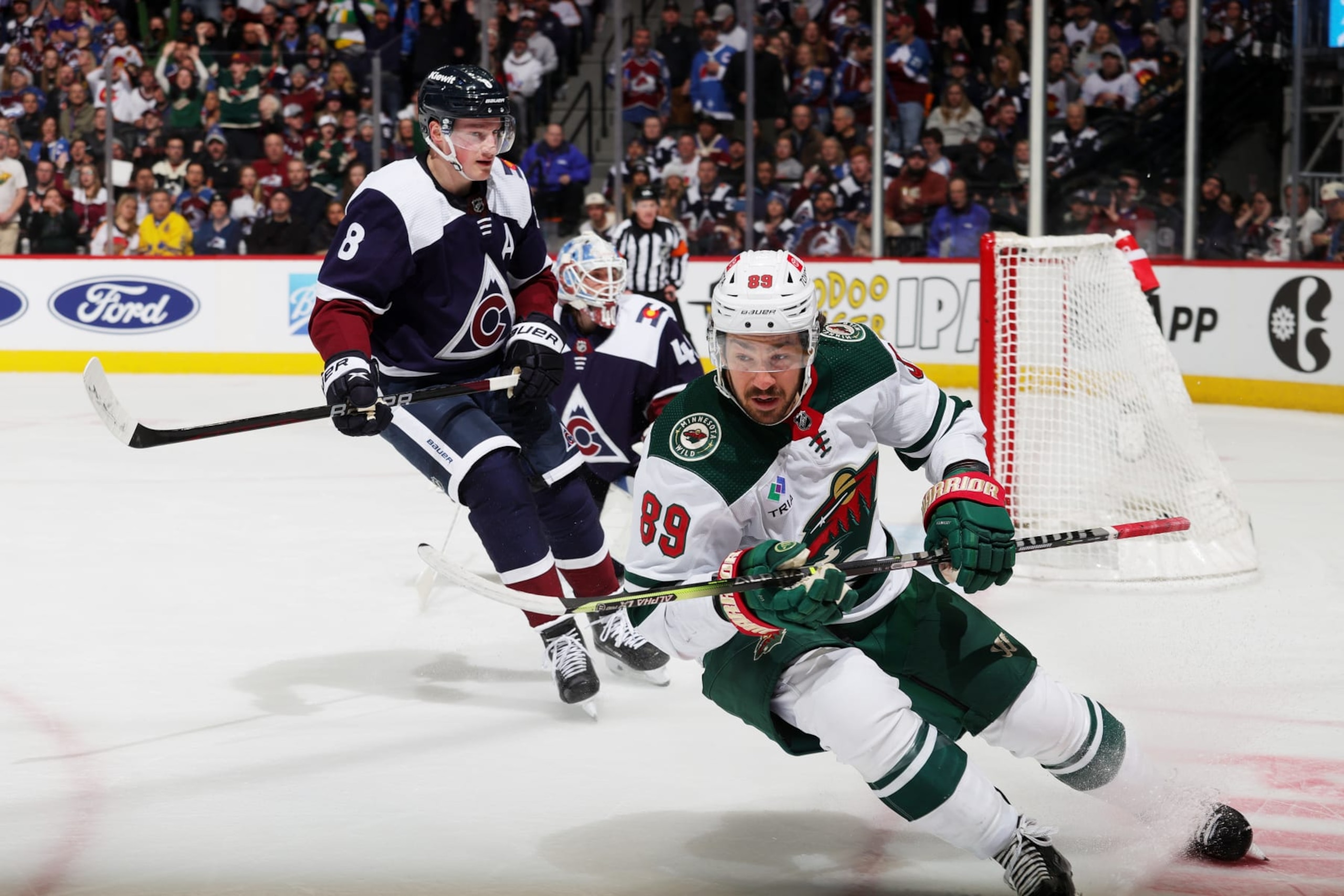 DENVER, COLORADO - MARCH 29: Frederick Gaudreau #89 of the Minnesota Wild celebrates a goal against the Colorado Avalanche at Ball Arena on March 29, 2023 in Denver, Colorado. (Photo by Michael Martin/NHLI via Getty Images)