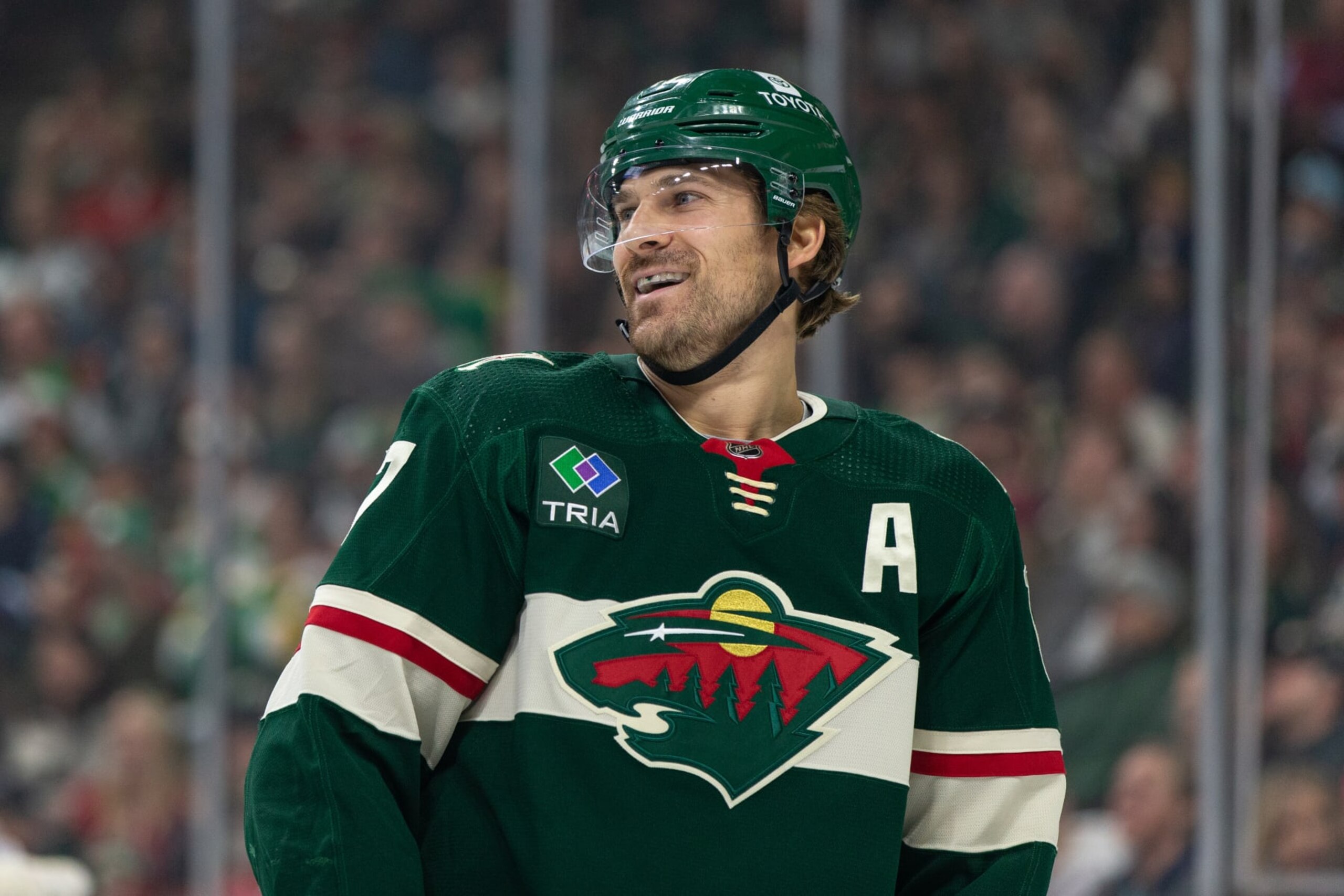SAINT PAUL, MN - MARCH 27: Minnesota Wild left wing Marcus Foligno (17) looks on during the NHL game between the Seattle Kraken and Minnesota Wild, on March 27th, 2023, at the Xcel Energy Center in Saint Paul, MN. (Photo by Bailey Hillesheim/Icon Sportswire via Getty Images)