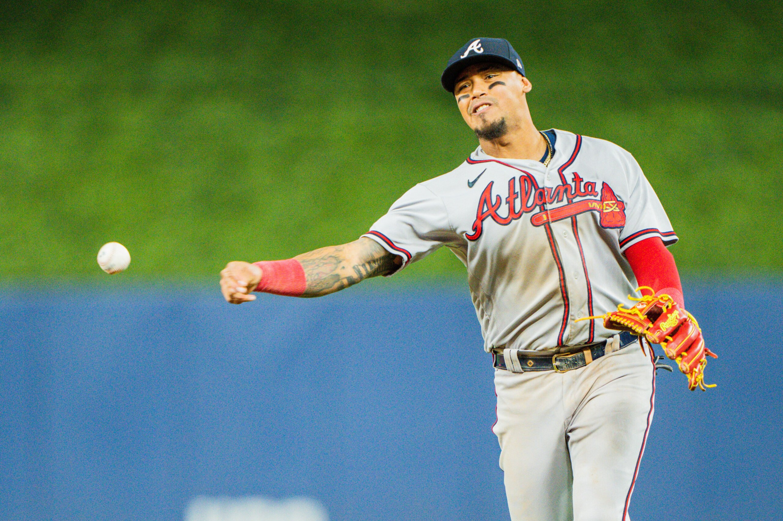 MIAMI, FL - OCTOBER 04: Orlando Arcia #9 of the Atlanta Braves makes a throw to first during the fourth inning against the Miami Marlins at loanDepot park on October 4, 2022 in Miami, Florida. (Photo by Kevin D. Liles/Atlanta Braves/Getty Images)