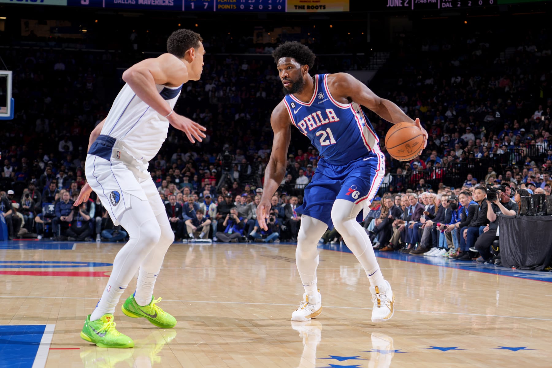 PHILADELPHIA, PA - MARCH 29: Joel Embiid #21 of the Philadelphia 76ers dribbles the ball during the game against the Dallas Mavericks on March 29, 2023 at the Wells Fargo Center in Philadelphia, Pennsylvania NOTE TO USER: User expressly acknowledges and agrees that, by downloading and/or using this Photograph, user is consenting to the terms and conditions of the Getty Images License Agreement. Mandatory Copyright Notice: Copyright 2023 NBAE (Photo by Jesse D. Garrabrant/NBAE via Getty Images)