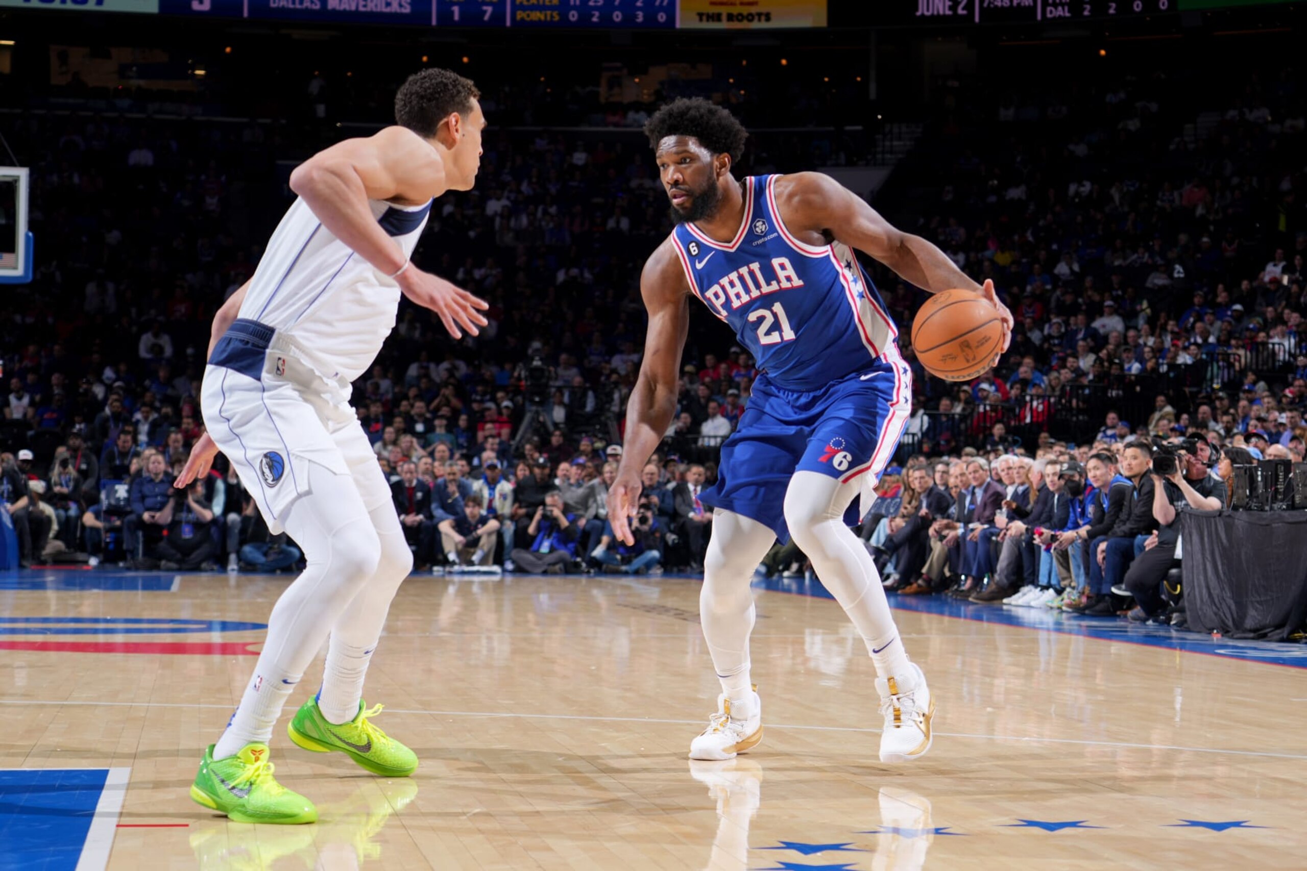 PHILADELPHIA, PA - MARCH 29: Joel Embiid #21 of the Philadelphia 76ers dribbles the ball during the game against the Dallas Mavericks on March 29, 2023 at the Wells Fargo Center in Philadelphia, Pennsylvania NOTE TO USER: User expressly acknowledges and agrees that, by downloading and/or using this Photograph, user is consenting to the terms and conditions of the Getty Images License Agreement. Mandatory Copyright Notice: Copyright 2023 NBAE (Photo by Jesse D. Garrabrant/NBAE via Getty Images)