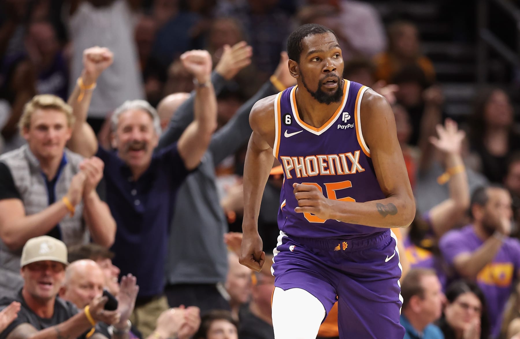 PHOENIX, ARIZONA - MARCH 29: Kevin Durant #35 of the Phoenix Suns reacts after scoring against the Minnesota Timberwolves during the first half of the NBA game at Footprint Center on March 29, 2023 in Phoenix, Arizona. NOTE TO USER: User expressly acknowledges and agrees that, by downloading and or using this photograph, User is consenting to the terms and conditions of the Getty Images License Agreement.  (Photo by Christian Petersen/Getty Images)