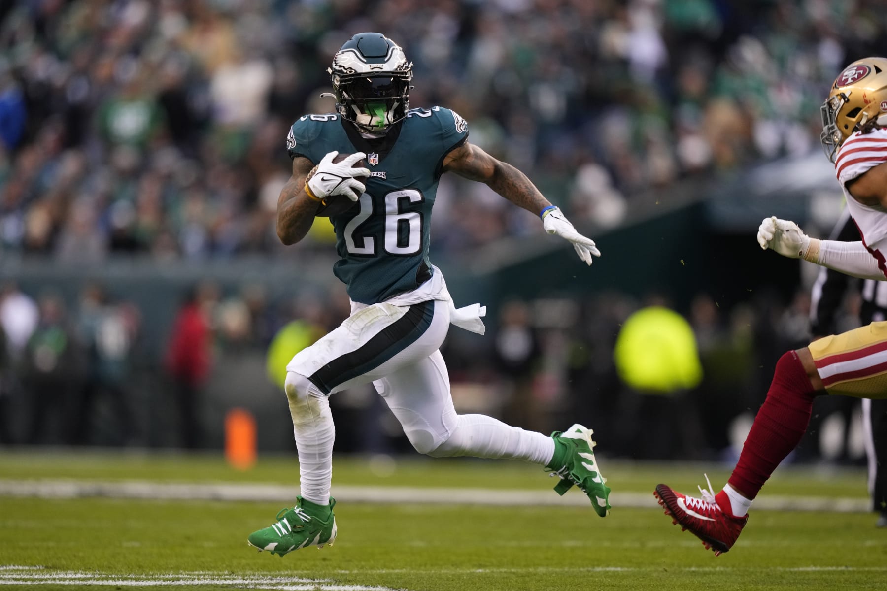 Philadelphia Eagles' Miles Sanders plays during the NFC Championship NFL football game between the Philadelphia Eagles and the San Francisco 49ers, Sunday, Jan. 29, 2023, in Philadelphia. (AP Photo/Matt Slocum)