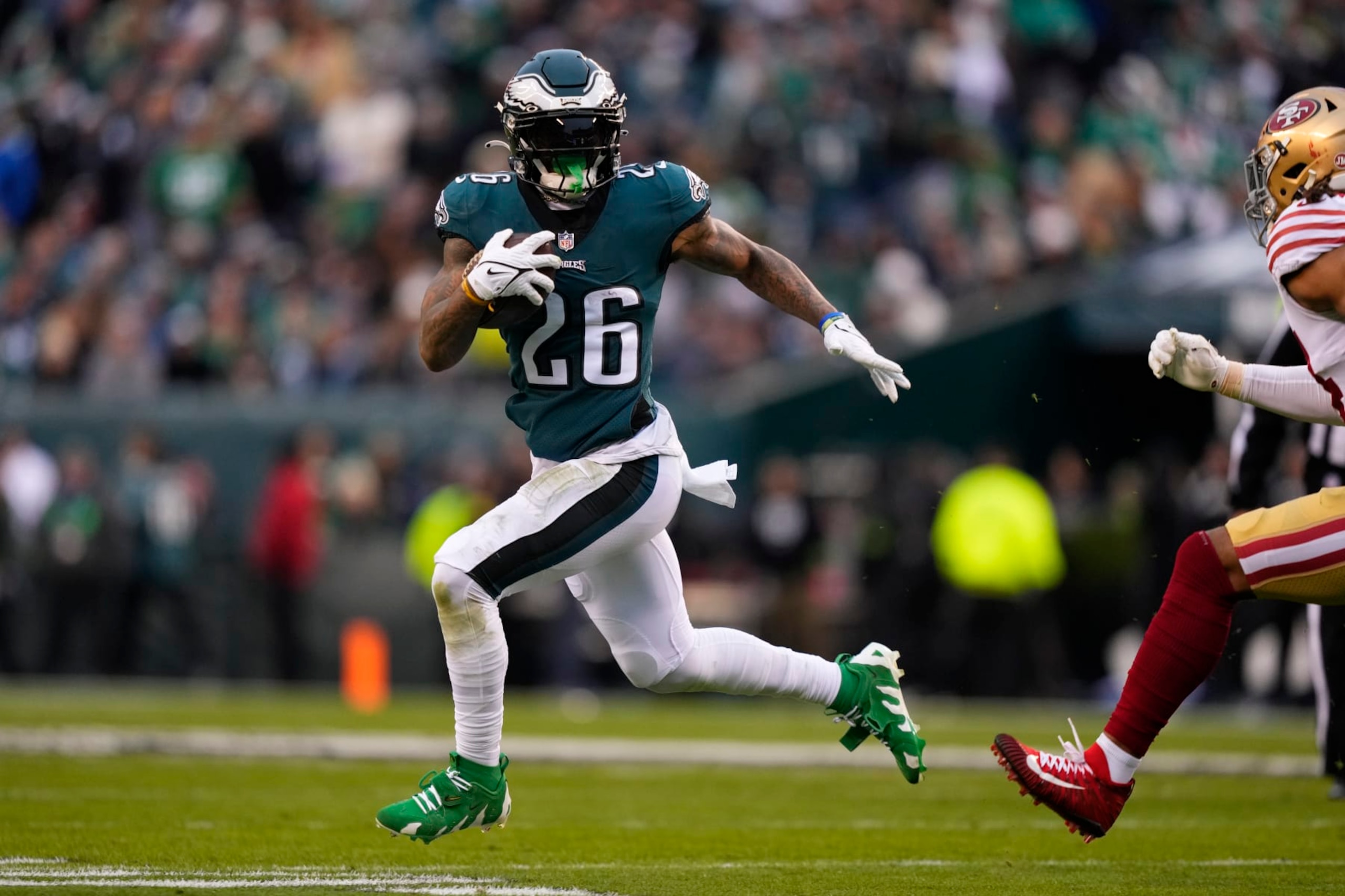 Philadelphia Eagles' Miles Sanders plays during the NFC Championship NFL football game between the Philadelphia Eagles and the San Francisco 49ers, Sunday, Jan. 29, 2023, in Philadelphia. (AP Photo/Matt Slocum)