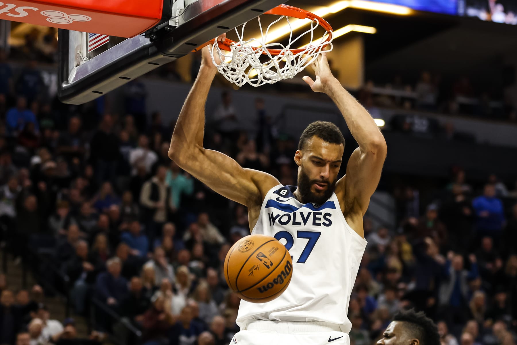 MINNEAPOLIS, MN - MARCH 22: Rudy Gobert #27 of the Minnesota Timberwolves dunks the ball against the Atlanta Hawks in the fourth quarter of the game at Target Center on March 22, 2023 in Minneapolis, Minnesota. The Timberwolves defeated the Hawks 125-124. NOTE TO USER: User expressly acknowledges and agrees that, by downloading and or using this Photograph, user is consenting to the terms and conditions of the Getty Images License Agreement. (Photo by David Berding/Getty Images)